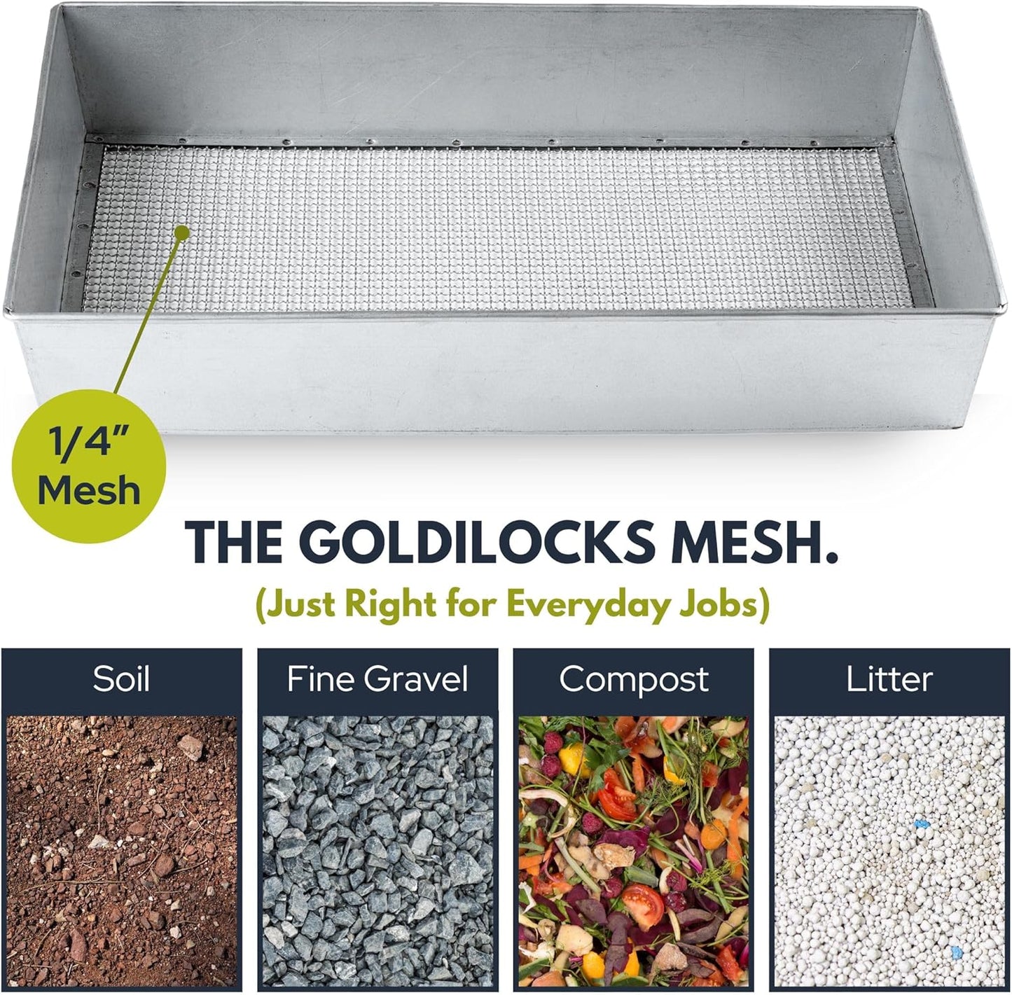 Soil Sifter, Wide Size (17.5 x 11.5 inches) with 1/4-inch Mesh, Garden Sieve for Dirt, Sand, Rocks, and Compost