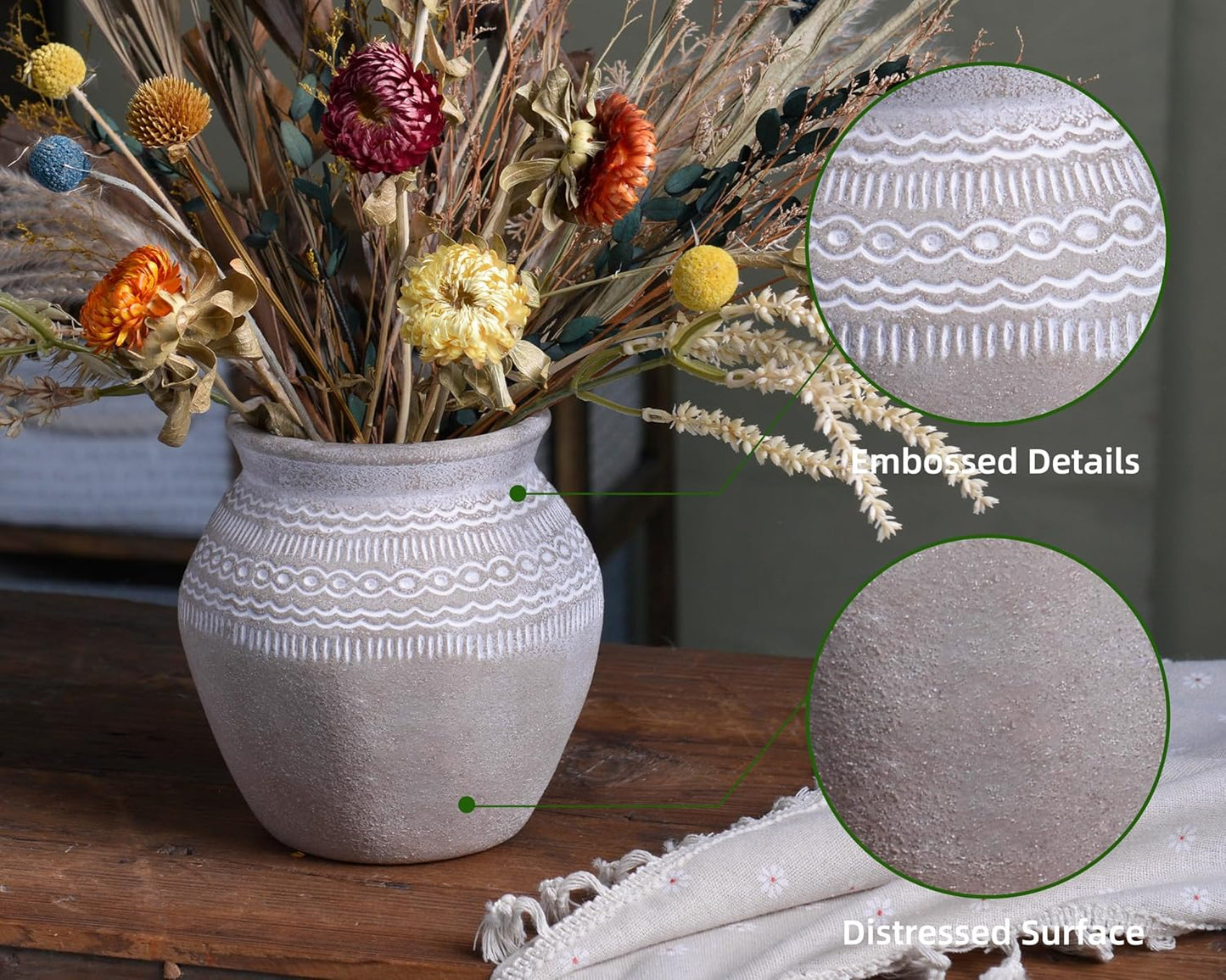 Quoowiit Ceramic Rustic Farmhouse Vase, Distressed Flower Vase for Home Decor, Boho Decorative Vases for Centerpiece Table Decorations, Vases for Living Room Kitchen Entryway Mantle Shelf Decor