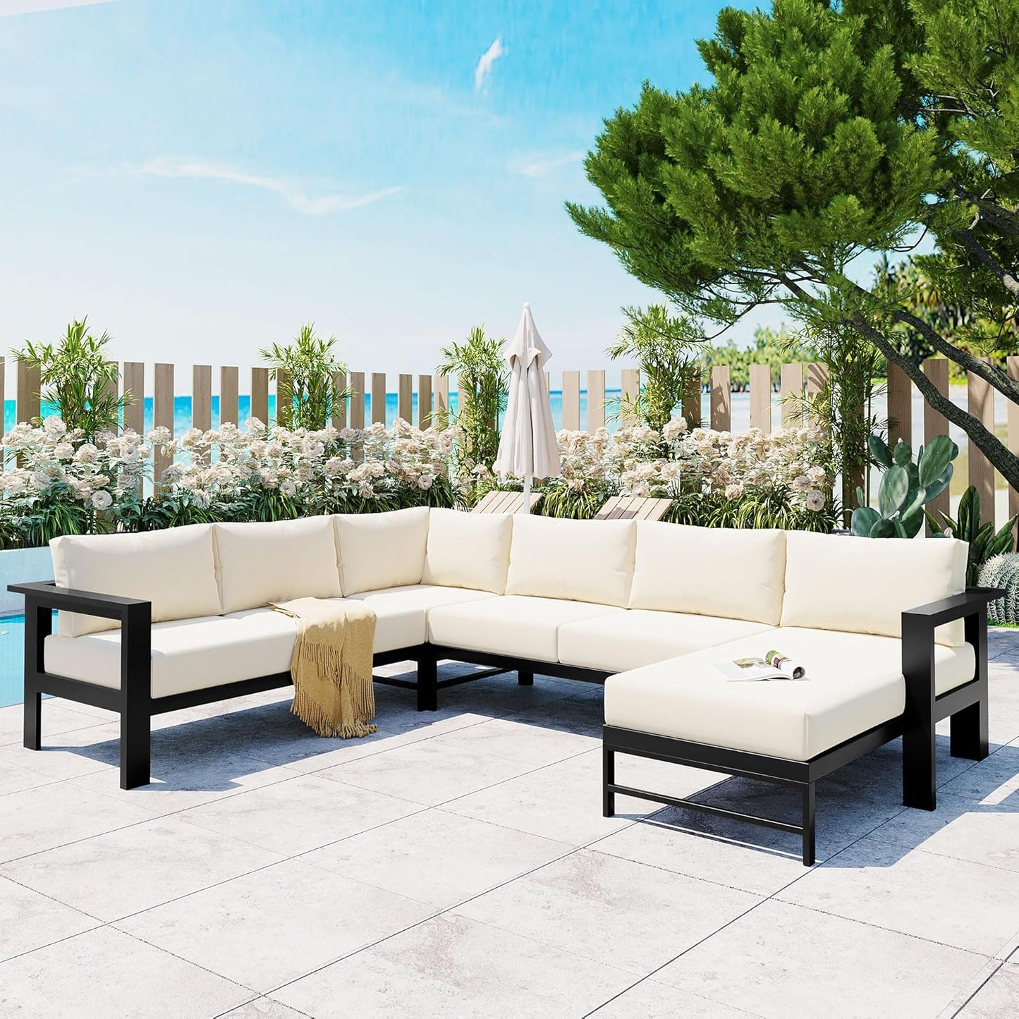 Multi-Person Outdoor Sofa Set, U-Shaped Aluminum Outdoor Sofa Set with Thick Cushions and Backrests, Modular Patio Sofa Set for Gardens, Backyards, and Balconies (White * 069)