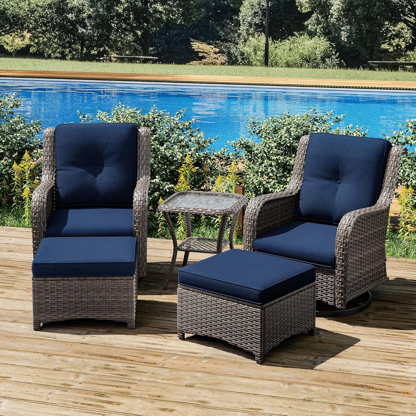 Joyside 5 Piece Outdoor Patio Furniture Set Wicker Conversation Bistro Set Swivel Rocking Chairs with Side Table and Ottomans for Backyard, Porch, Deck(Mixed Grey/Blue)