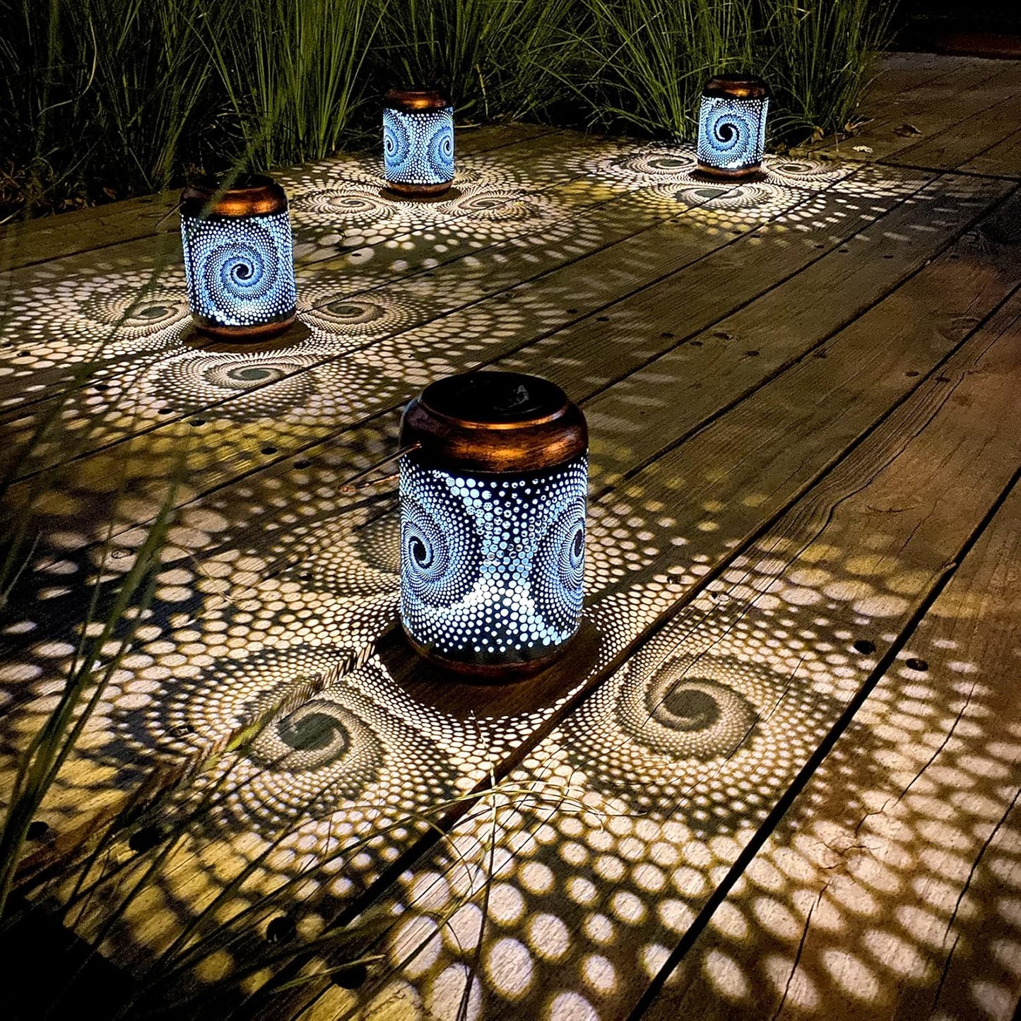 DIBIEECN 4 Pack Solar Lanterns Outdoor Hanging Lantern Metal Waterproof LED Lantern with Solar Powered Garden Patio Decorations Decor Lantern with Handle Christmas Gift Idea, Blue