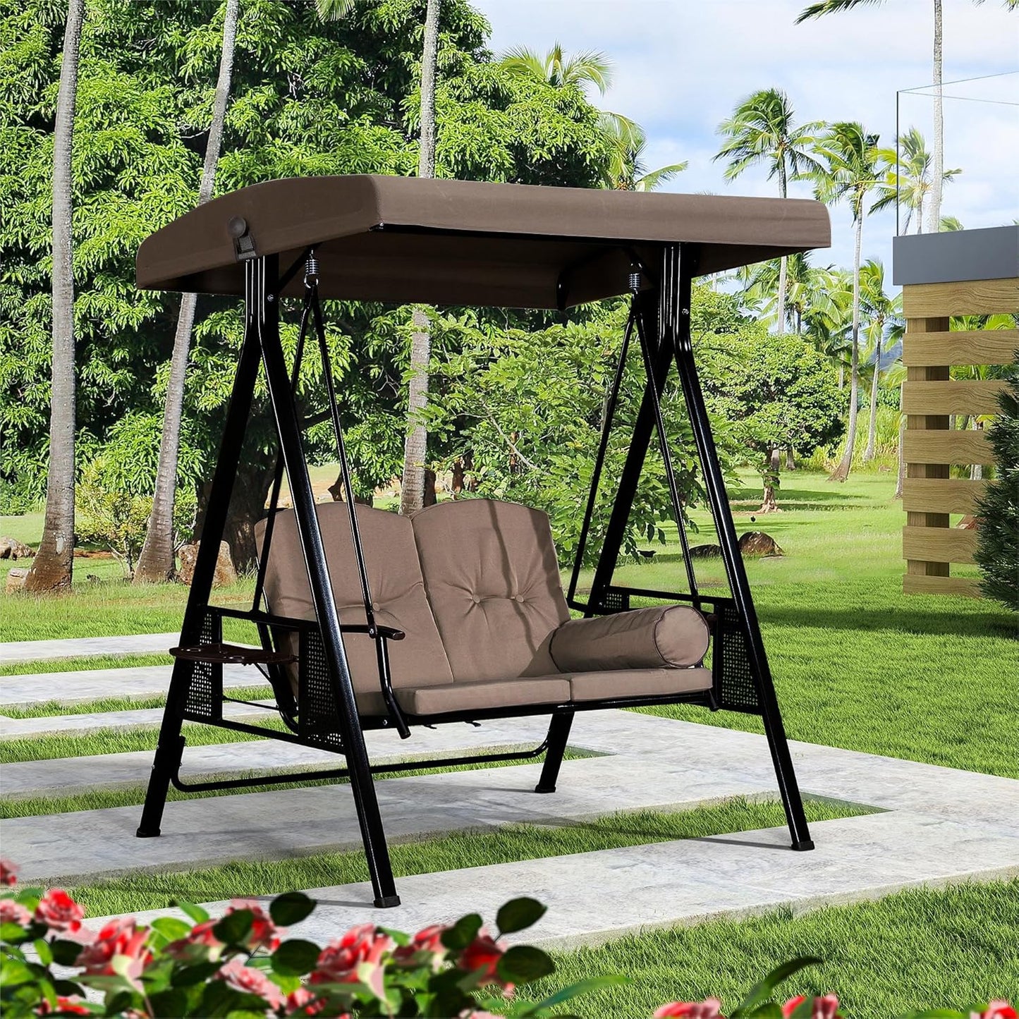 PURPLE LEAF 2-Seat Deluxe Outdoor Patio Porch Swing with Weather Resistant Steel Frame, Adjustable Tilt Canopy, Cushions and Pillow Included, Beige