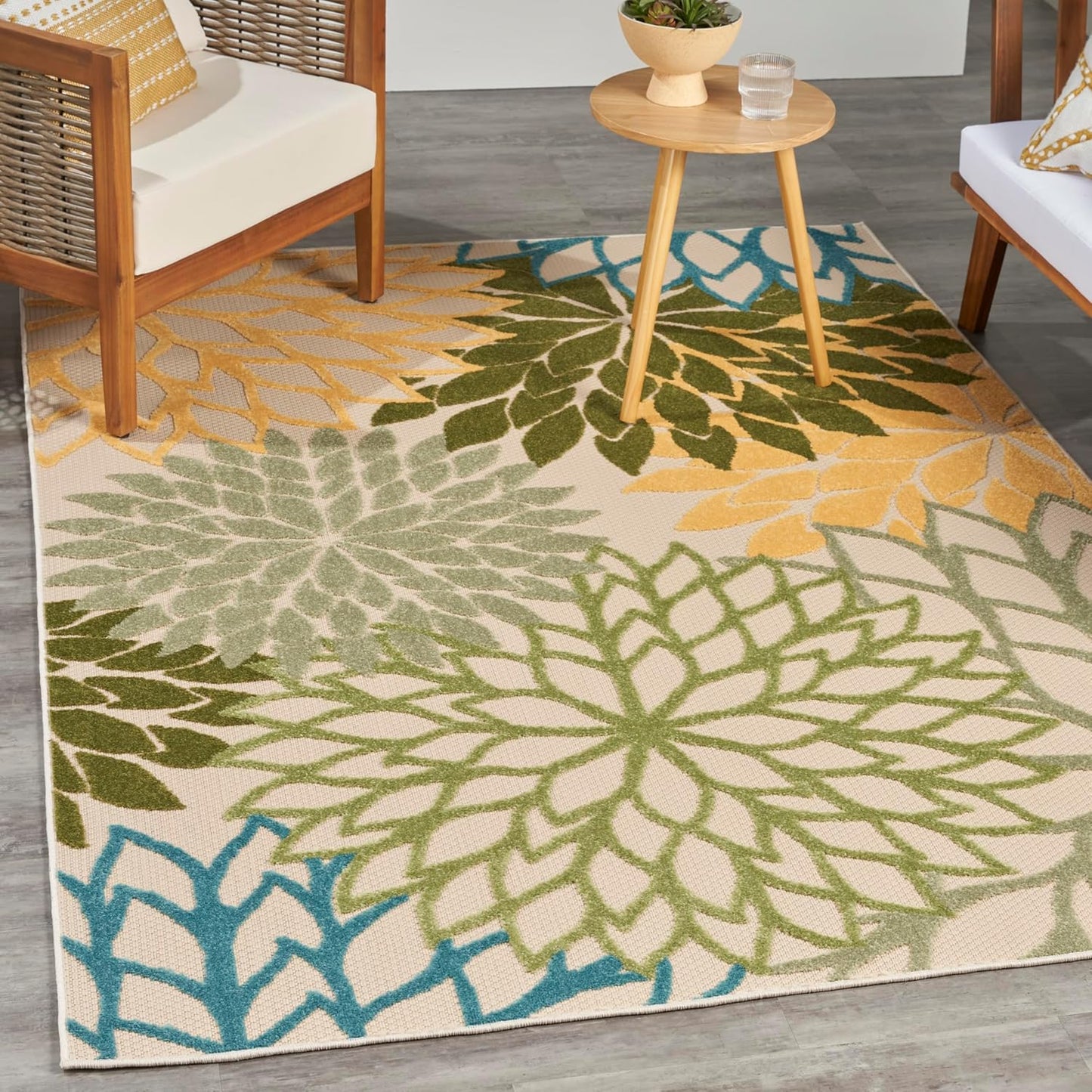Nourison Home Aloha Tropical Indoor/Outdoor Green Multicolor 5'3" x 7'5" Area Rug, Easy Clean, Non Shedding, Bed Room, Living Room, Dining Room, Backyard, Deck, Patio (5x7)