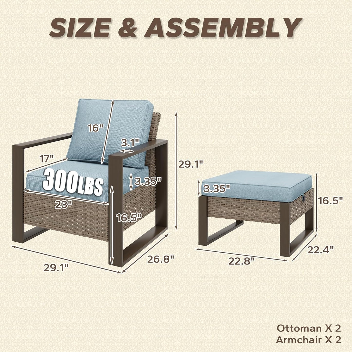 Outdoor Wicker Metal Chairs Set of 2 with Two Ottomans - 4 Pieces Patio Bistro Set with Rectangular Framed Wood-Looking Metal Armrest & Removable Cushions for Terrace, Baby Blue