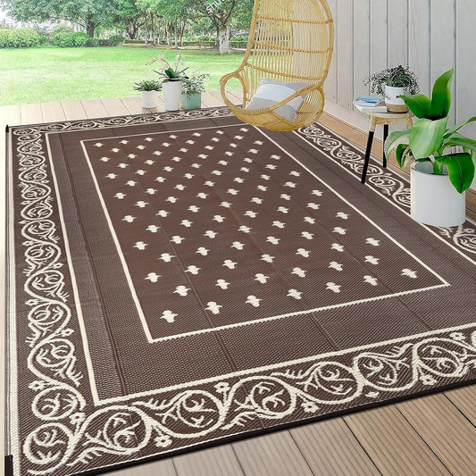 Pauwer Waterproof Outdoor Rug 8x10, Reversible Plastic Straw Patio Camping Rug, Indoor Outdoor RV Mat Carpet for Deck, Camper, Porch, Balcony, Backyard, Picnic, Bordered Brown