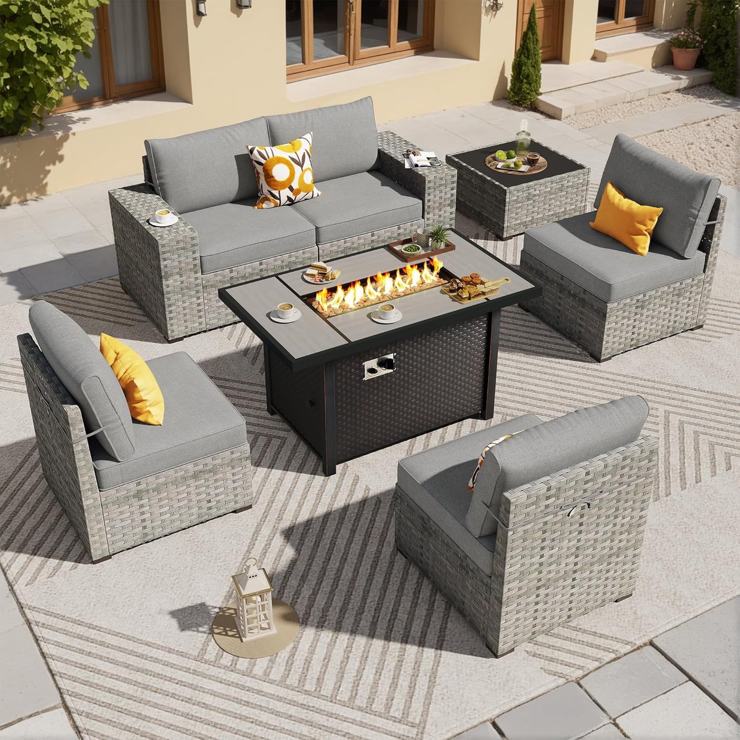 ovios 7 Pieces Patio Furniture Set, Outdoor Wicker Sectional Sofa with 42 Inch Fire Pit Table Comfy Cushions, Modern Modular Deep Seat Rattan Couch Conversation Set, Dark Grey