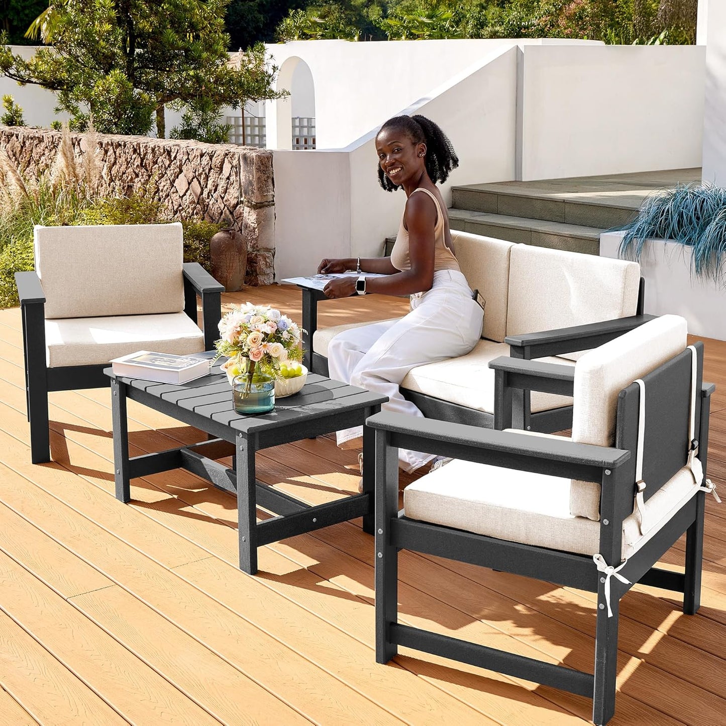 SERWALL 6 Pieces HDPE Outdoor Sofa Set with Cushions, Outdoor Conversation Couch Loveseat Furniture Set with Coffee Table for Balcony, Deck, Poolside, Grey Frame with Khaki Cushions