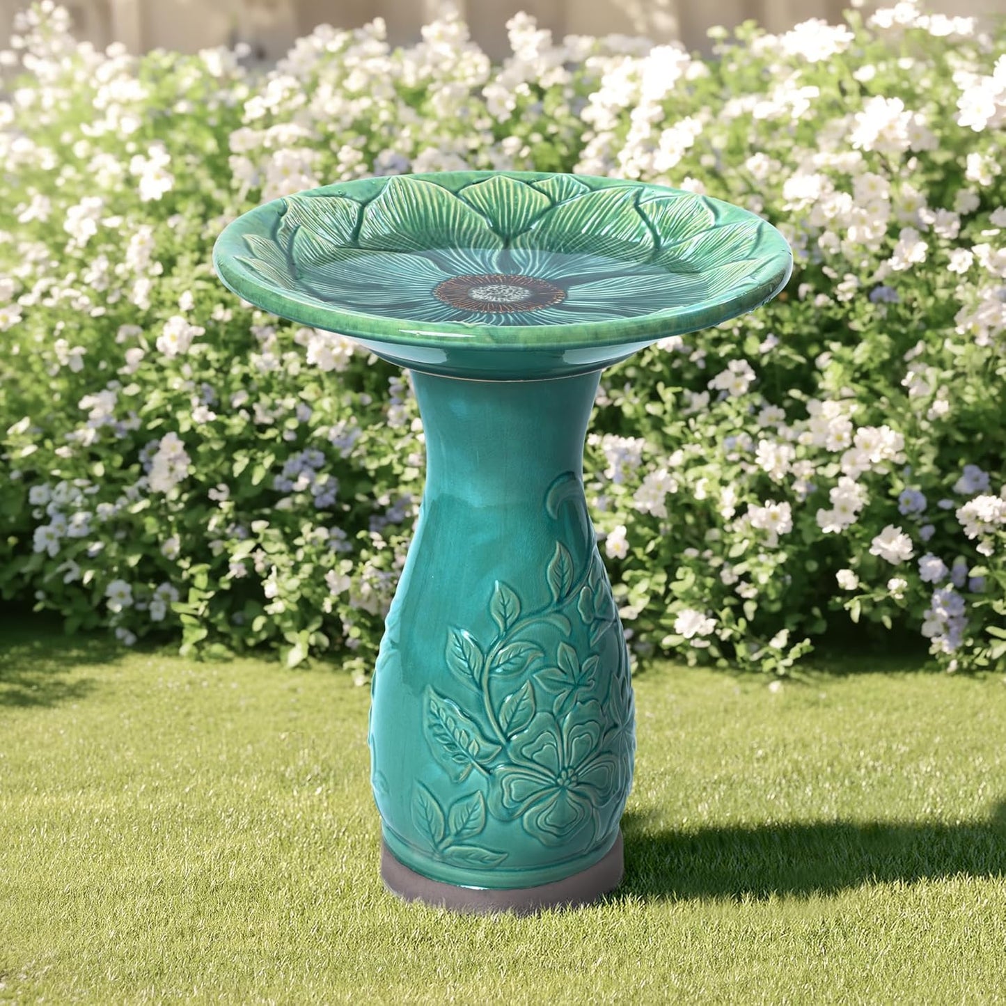 LuxenHome 23 Inch Ceramic Bird Bath for Outside, Elegant Tall Outdoor Bird Bath, Lightweight Pedestal Glazed Birdbaths for Outdoors with Floral Embossed Design, Jade Green