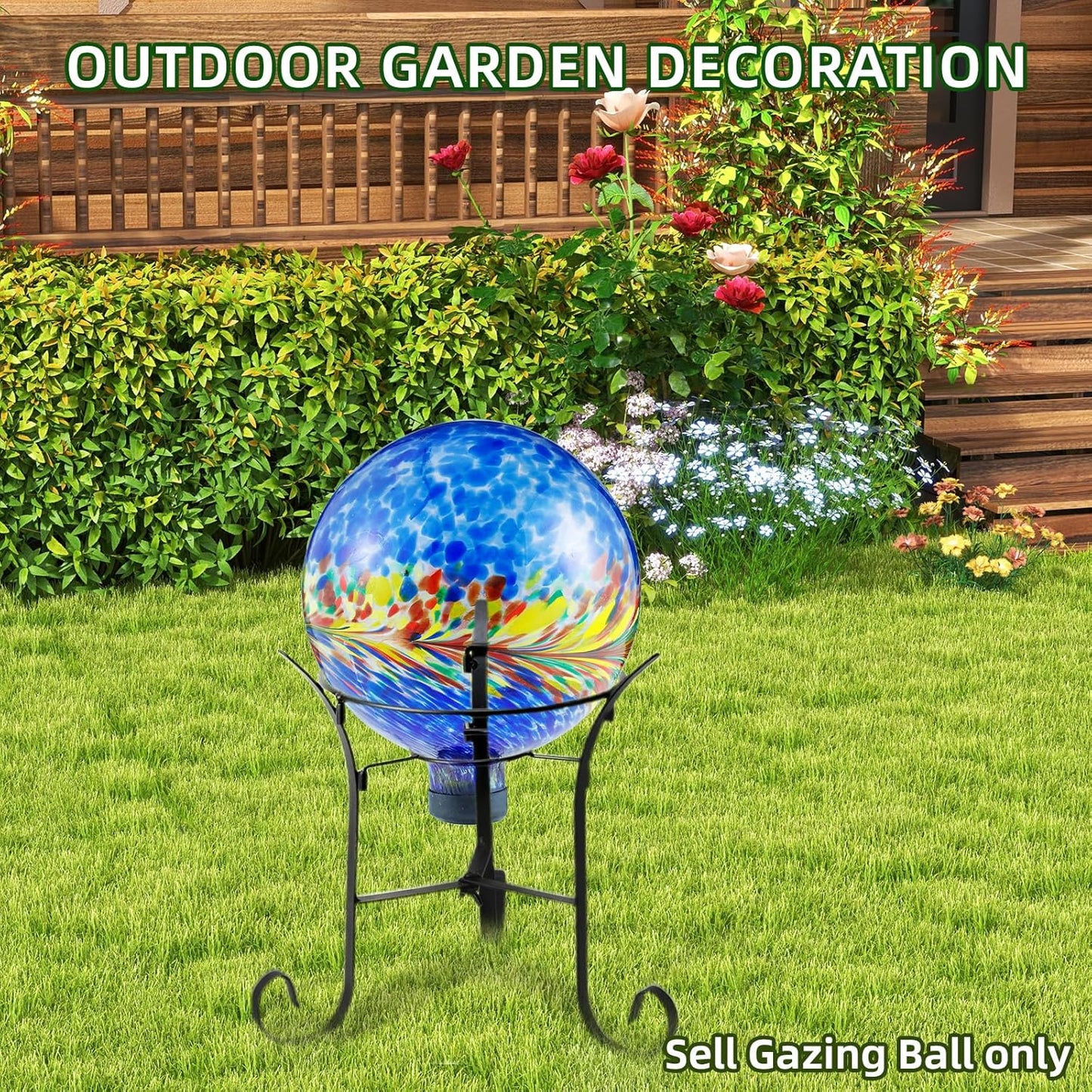 VOREEN 10-Inch Glass Gazing Ball, Outdoor Gazing Globe, Handmade Reflective Ball Yard Decoration for Homes, Patio, Lawn and Gardens, Gift for Mom Wife Friend, Phoenix Tail Design, Blue