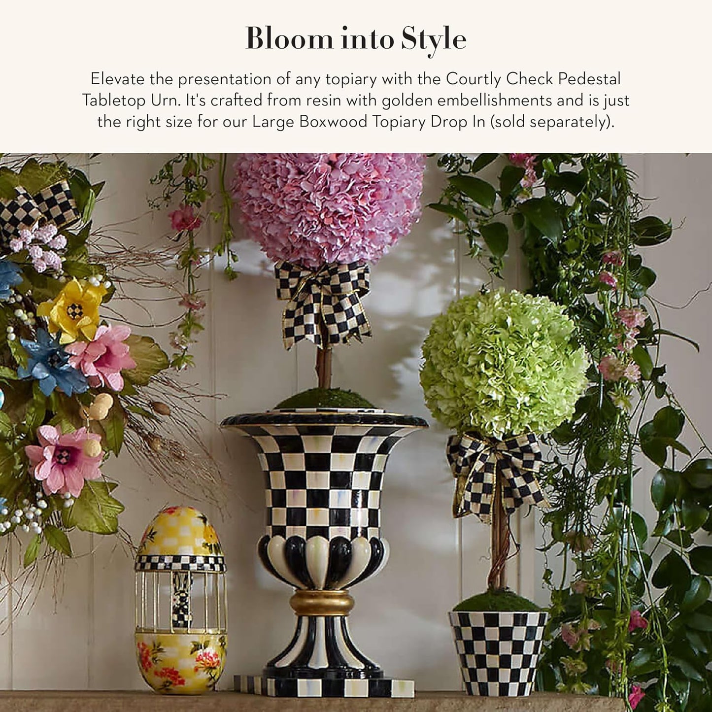 MACKENZIE-CHILDS Pedestal Tabletop Urn, Decorative Centerpiece for Table, Mantel, or Shelf, Tall, Black-and-White Courtly Check