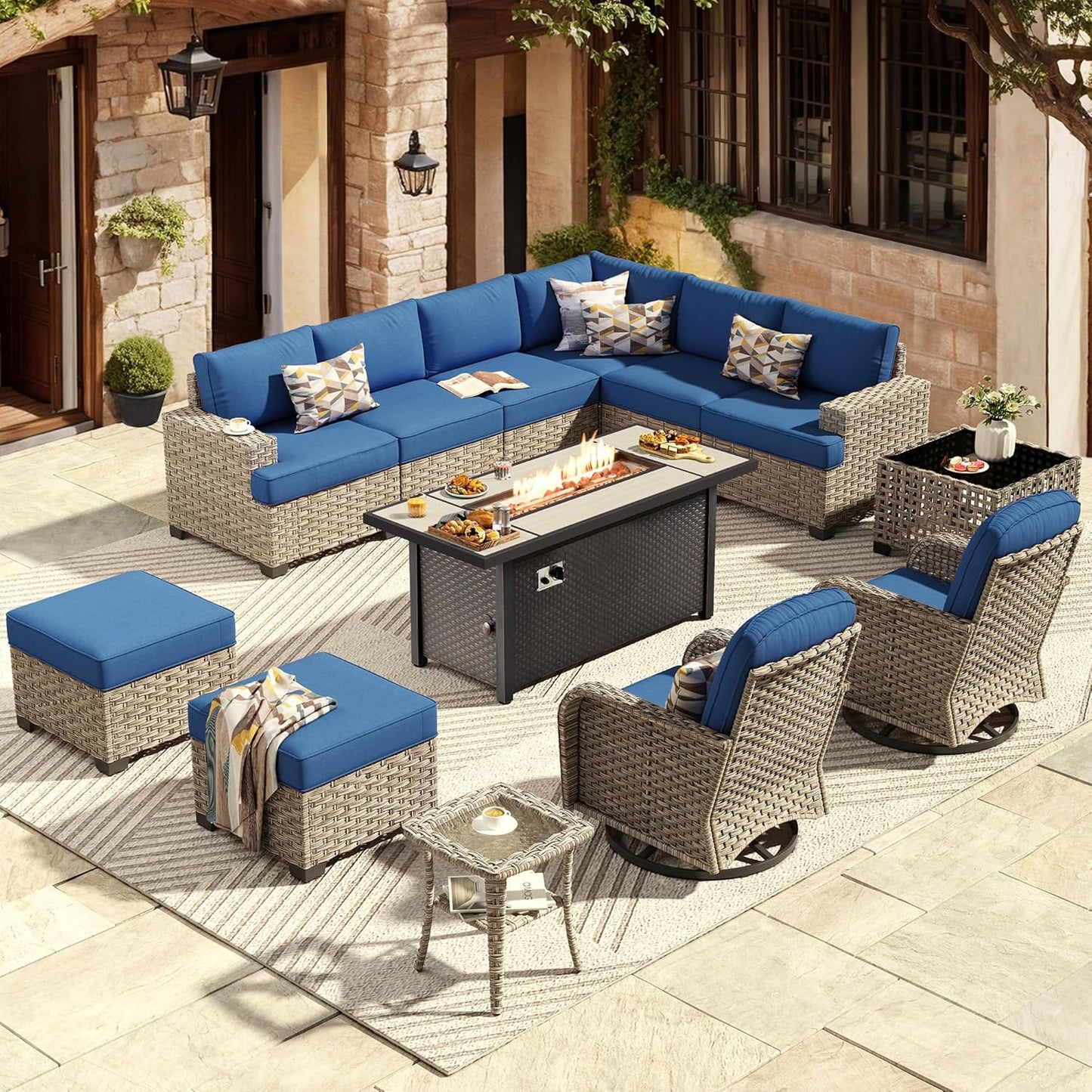 HOOOWOOO Outdoor Sectional Patio Furniture Set with Fire Pit Table,13 Pieces Wicker Conversation Sets L Shaped Couch,Extra Deep Out Door Sofa Outside Furniture with Swivel Chairs Ottomans,Navy Blue