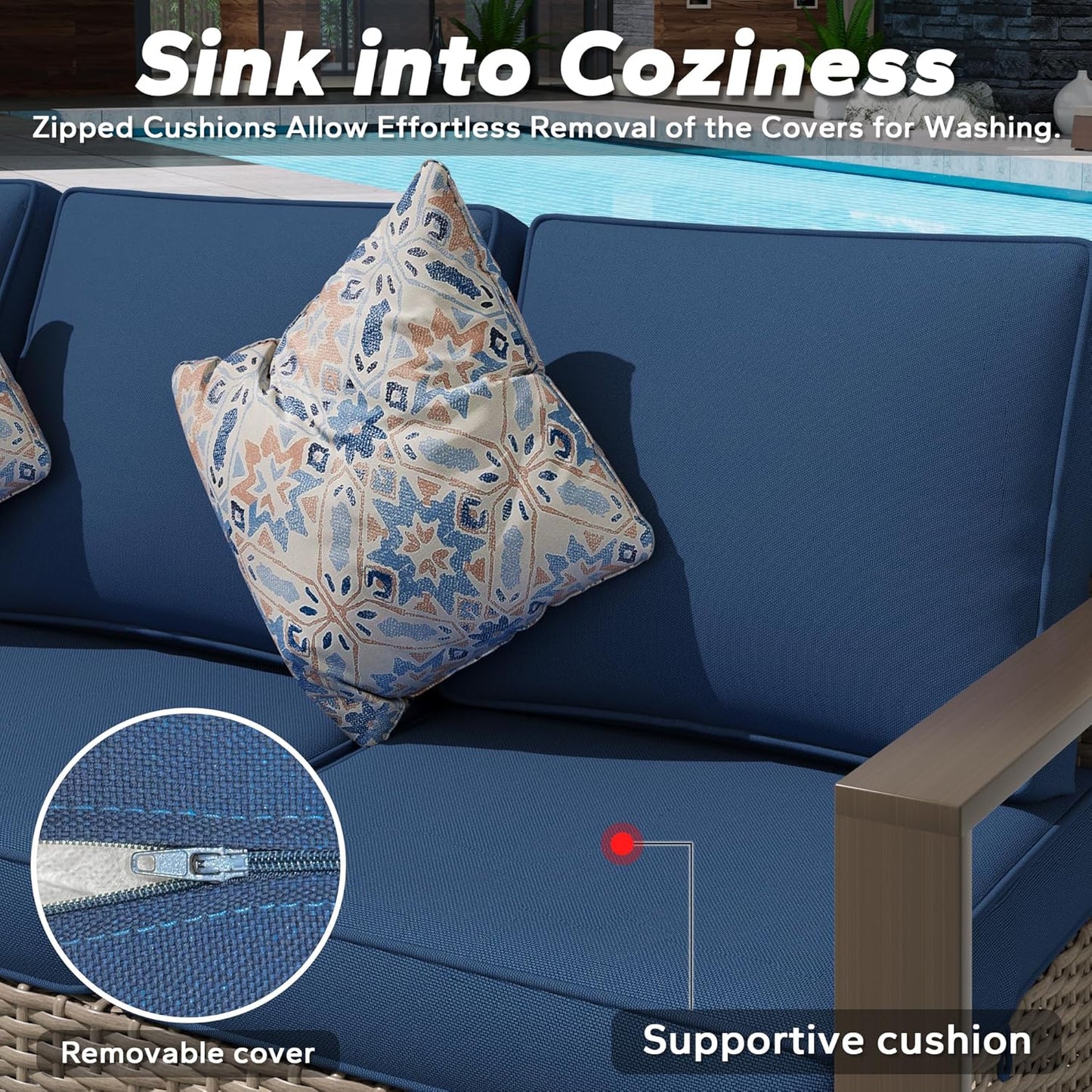 Wicker Patio 75" Sofa Set with Two Armchairs, All Weather Rattan Outdoor Conversation Furniture Set with Wood-Looking Metal Armrest & Removable Cushions for Deck Backyard Porch, Dark Blue