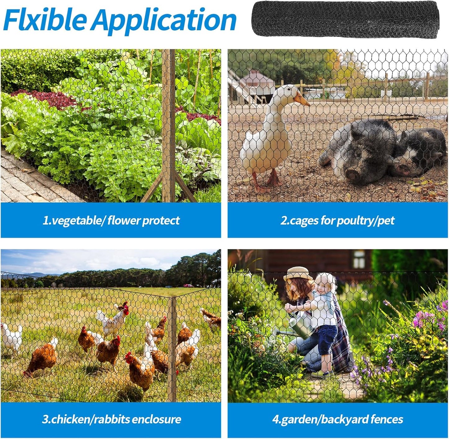 48'' x 150' Black Chicken Wire Mesh Fence, 20 Gauge Galvanized Poultry Netting and 1 inch Garden Mesh Fence Roll, Chicken Wire for Floral Arrangements/Crafts/Farm/Livestock/Pet Protection