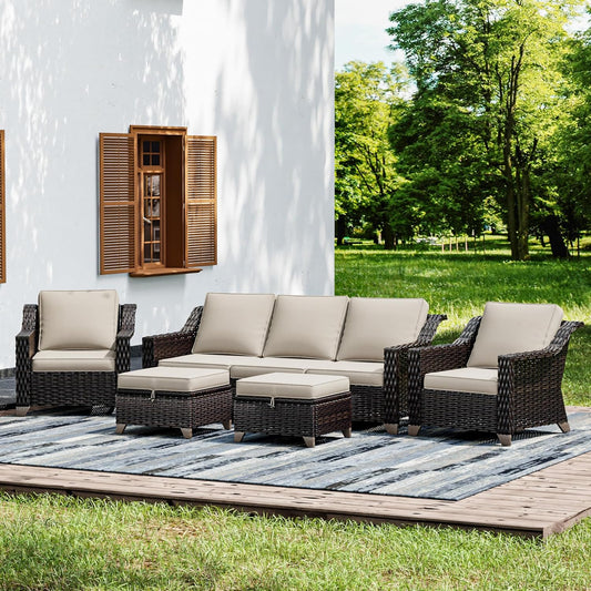 Joyside Wicker Patio Furniture Sets, 5 Pieces Upgraded Large Size Outdoor Furniture with Patio Dining Chairs, 3-Seat Sofa and Outdoor Ottoman, Thick Cushions, Wide Armrest