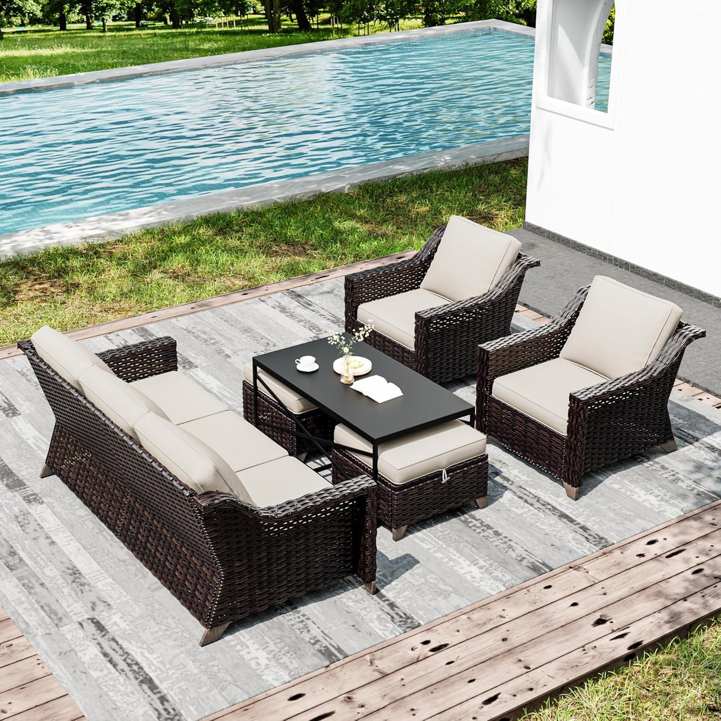 Joyside Wicker Patio Furniture Sets, 6 Pieces Upgraded Large Size Outdoor Furniture with Patio Dining Chairs, 3-Seat Sofa and Outdoor Ottoman, Thick Cushions, Wide Armrest