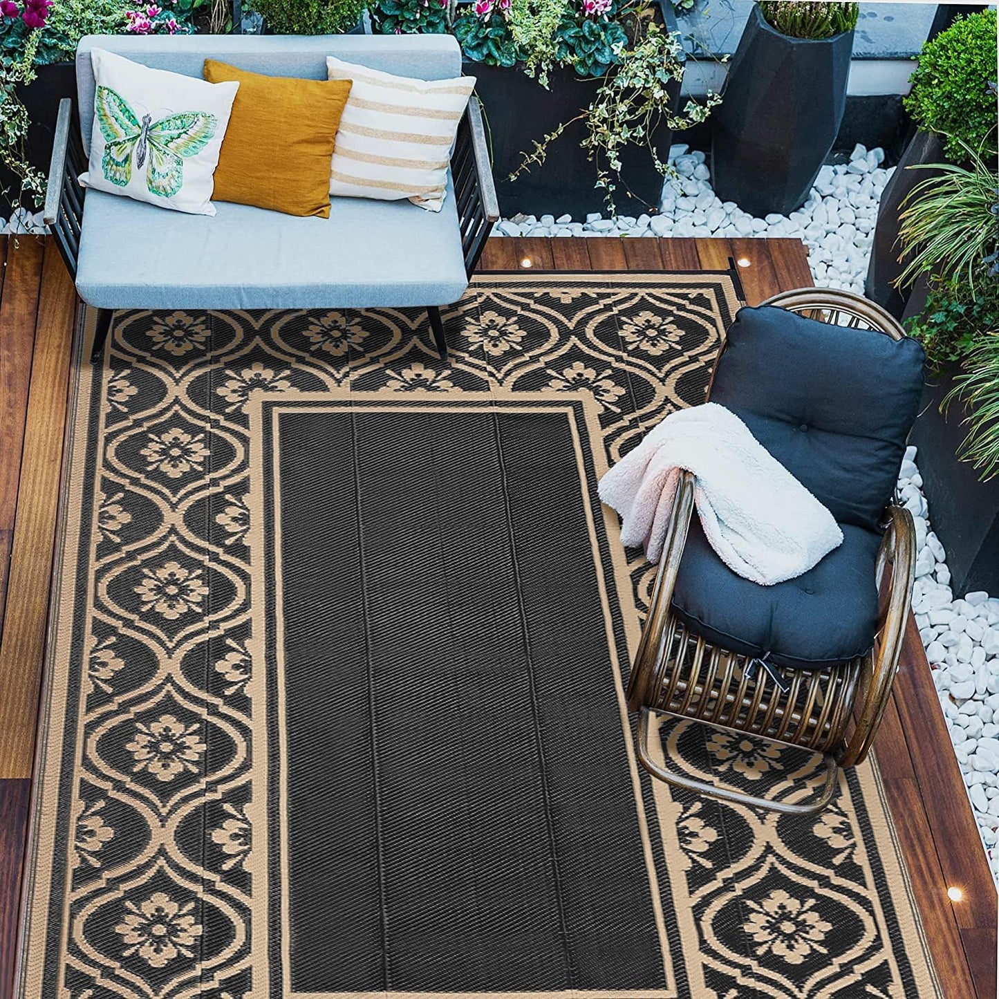 Outdoor Rug 9x12 Patio Waterproof Mat Camping Carpet Outside Area Rug Reversible Brown Rugs for RV Deck Entryance Porch Picnic Balcony Beach