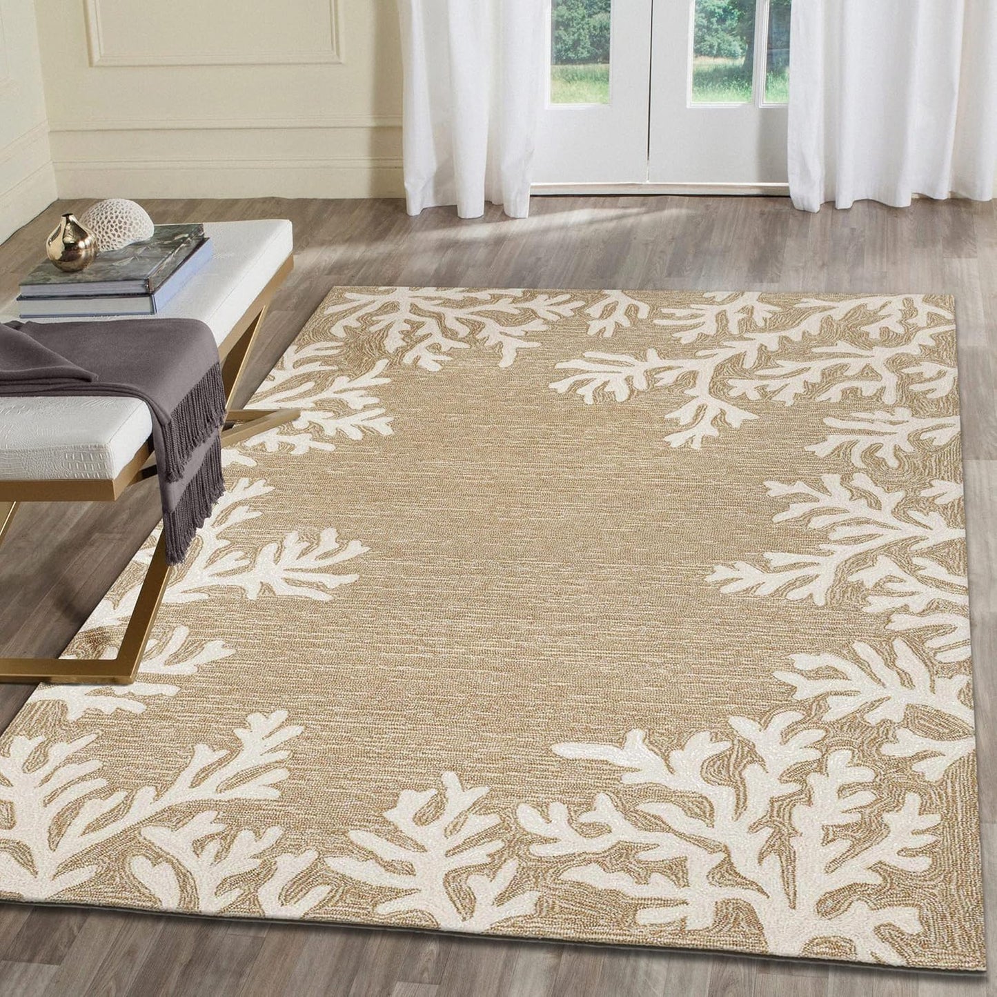 Liora Manne CAPRI Indoor/Outdoor Handmade Synthetic Blend Durable Area Rug - Traditional Border Coastal Beach Accent (Coral Border Neutral) (5' x 7'6")