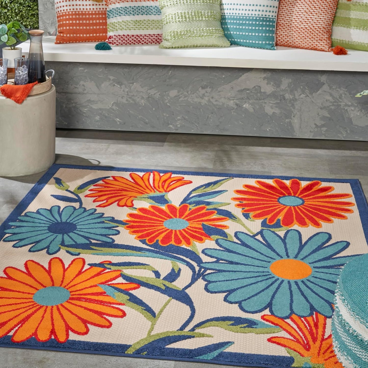 Nourison Home Aloha Multicolor 5' x Square Area Rug, Easy Clean, Non Shedding, Bed Room, Living Room, Dining Room, Kitchen (5' Square)