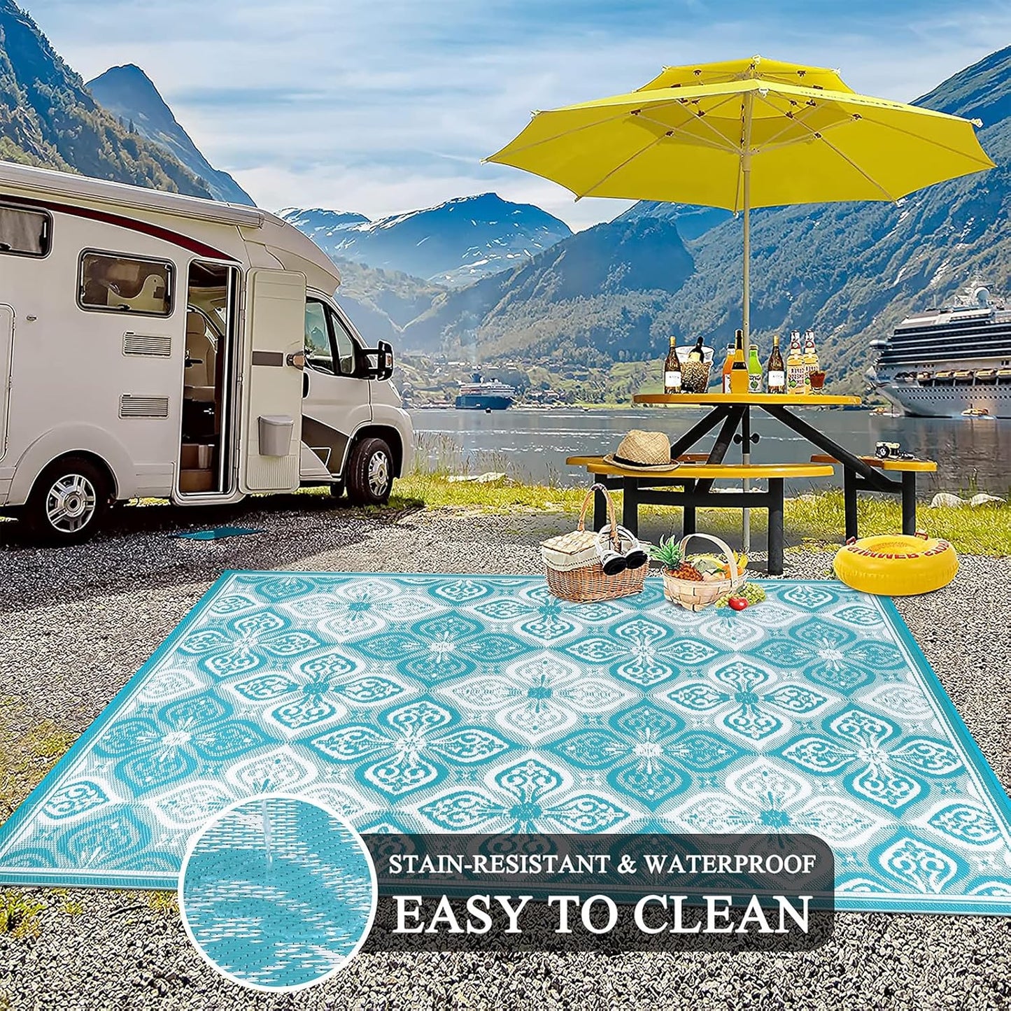 Pauwer Waterproof Outdoor Rug 8x10, Reversible Plastic Straw Patio Camping Rug, Indoor Outdoor RV Mat Carpet for Deck, Camper, Porch, Balcony, Backyard, Picnic, Clover Teal