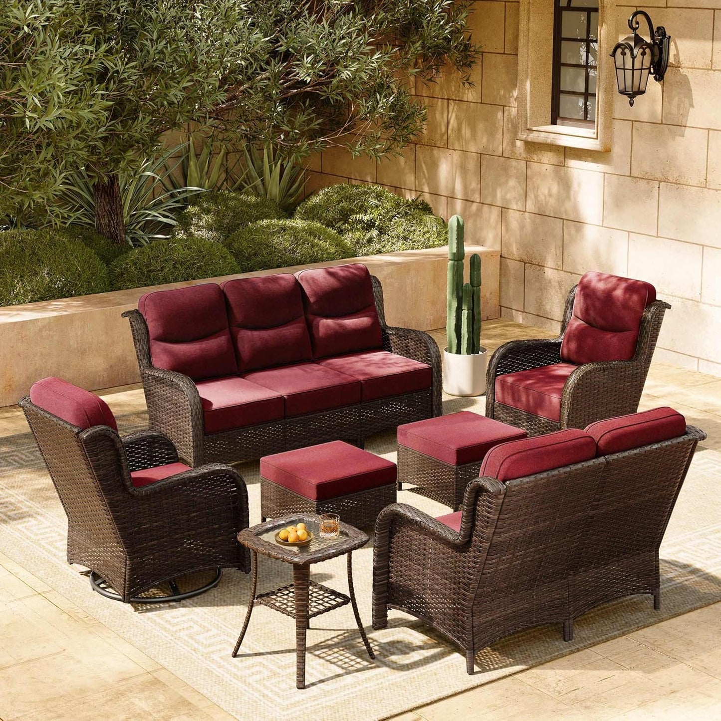 HILLGA Luxury Patio Furniture Set with 6-inch Thick Cushion, Outdoor Couch, Loveseat and High Back Swivel Rocker Patio Chairs, 7PCS Wicker Conversation Set for Deck Yard and Poolside, Burgundy (V2)