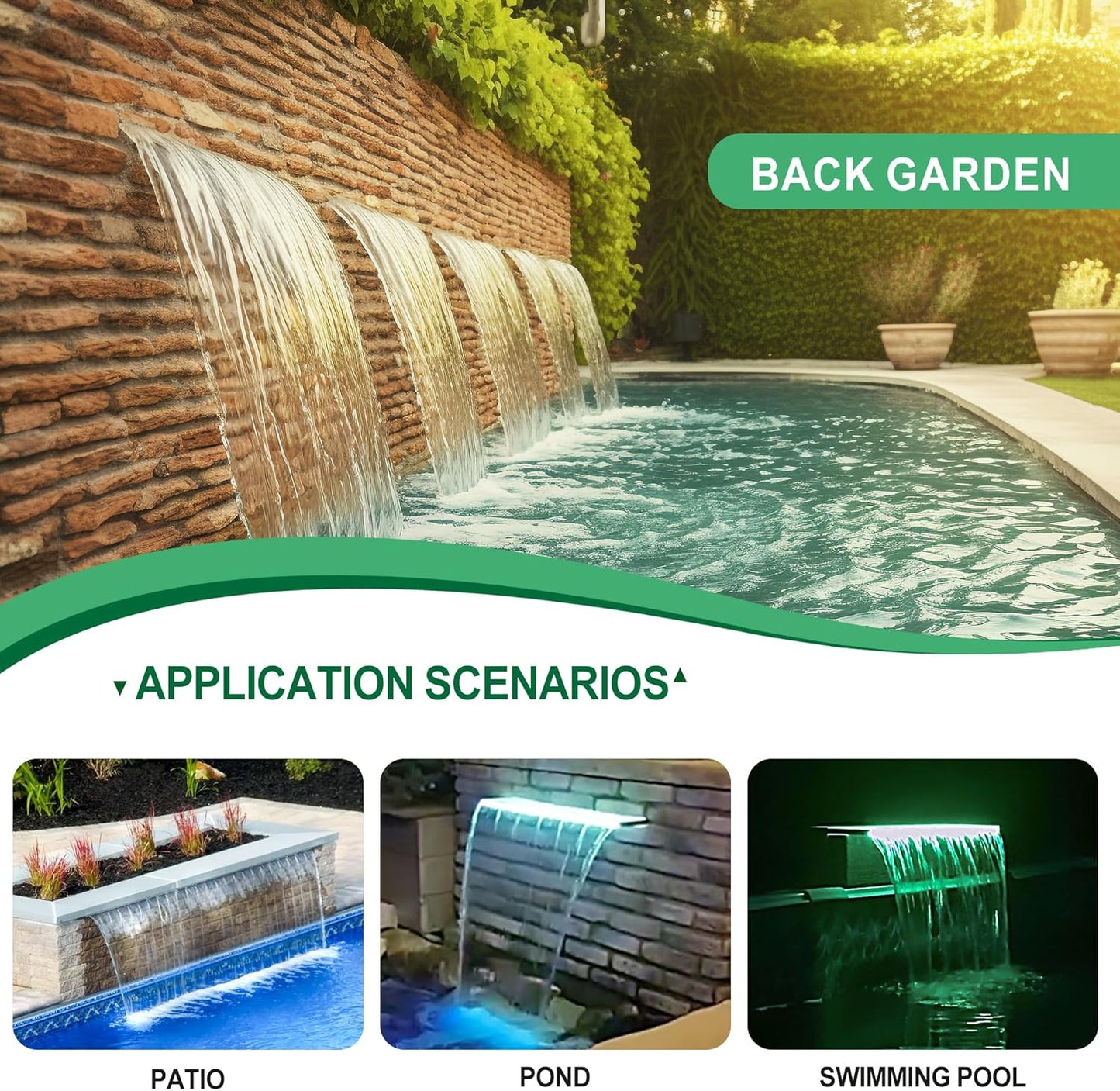 Waterfall Spillway, Stainless Steel Pool Fountain w/Top Open Lip & Pipe Connector Kits for Outdoor/Indoor Decorative, 23.6'' Pool Water Feature for Garden Patio, Backyard Koi Pond Decor