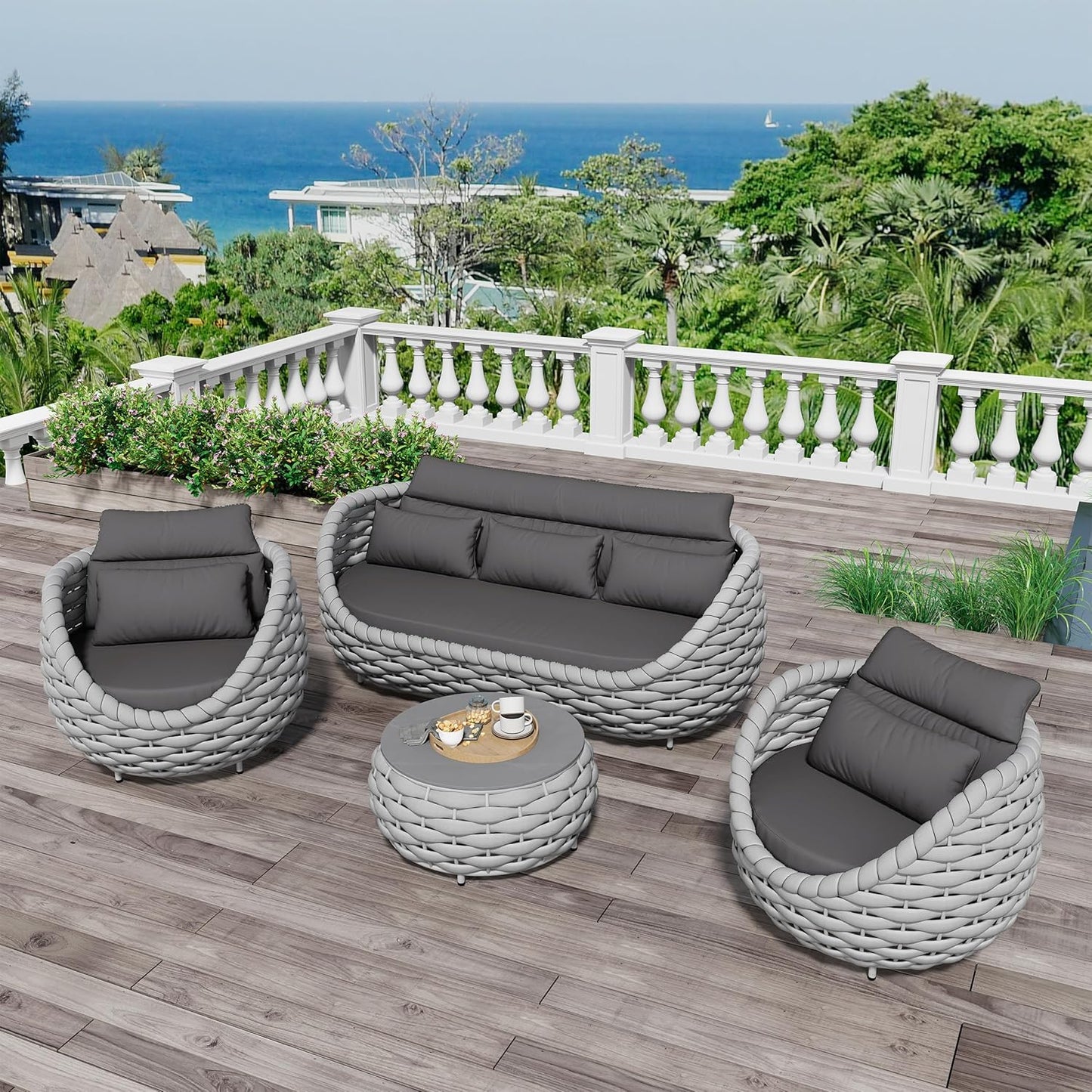 Woven Rope Patio Furniture Set: 4 Pieces Aluminum Outdoor Conversation Sofa Set Assembled - Modern Couch Set Cushioned - All Weather Metal Porch Seating for 5 Person Deck Garden Hotel Resort