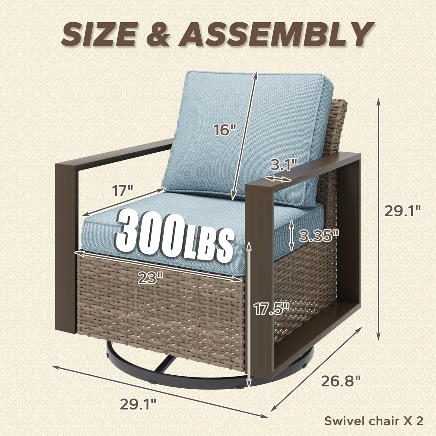 Outdoor Swivel Patio Metal Chairs Set of 2 - Porch Furniture 2 Pieces 360 Degree Glider Rockers Rattan Chairs with Washable Cushion & Metal Steel Rectangular Framed Armrest, Baby Blue