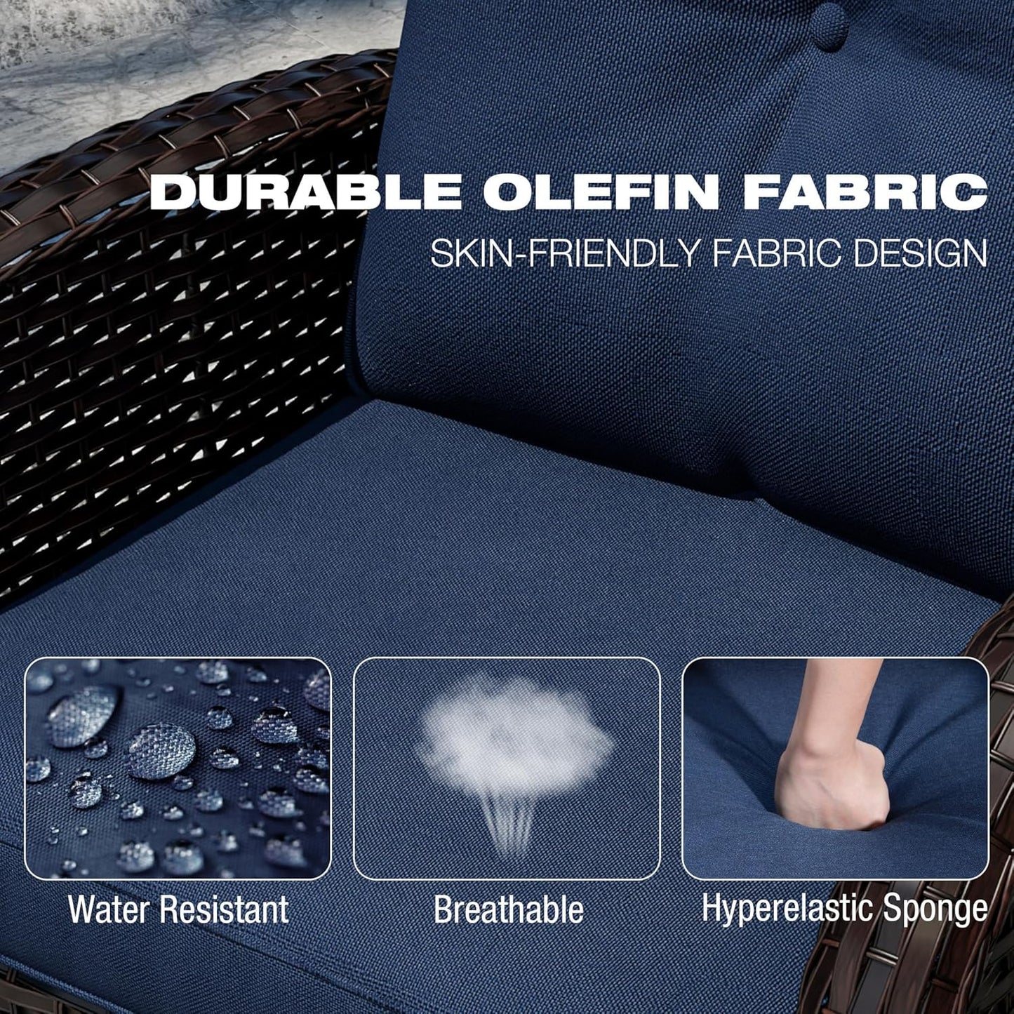 Joyside 10 Piece Patio Furniture Set, Outdoor Wicker Conversation Sets with Swivel Rocker Chairs and Sofa, Thick Cushion, Rattan Patio Sectional for Porch, Deck Use (Brown/Blue, 10 PCS)