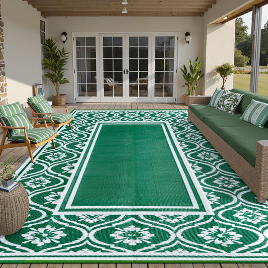 Outdoor Rug 8x10 Patio Waterproof Mat Camping Carpet Outside Area Rug Reversible Green Rugs for RV Deck Entryance Porch Picnic Balcony Beach