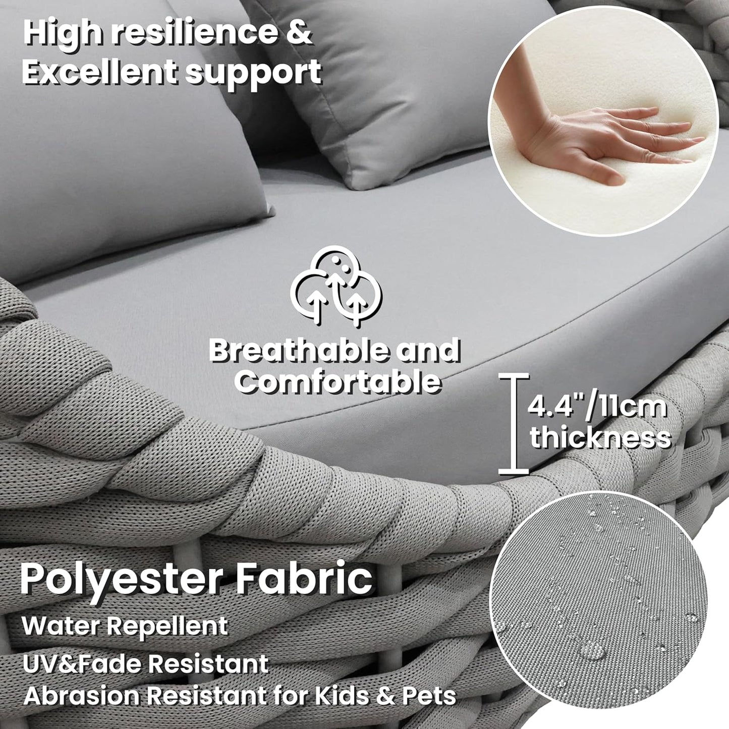 Aluminum Outdoor Patio Couch Set: 5 Pieces Woven Rope Porch Furniture Sofa Set - Metal Modern Deck Conversation Set - All Weather Assembled Courtyard Seating for Backyard Pool Hotel Resort, Grey