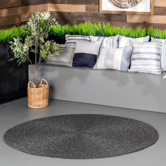 nuLOOM 6' Round Solid Hand Braided Indoor/Outdoor Area Rug, Pet-Friendly, High Traffic, Weather Resistant, for Patio, Balcony, Bedroom, Living, Dining Room, Wynn Charcoal