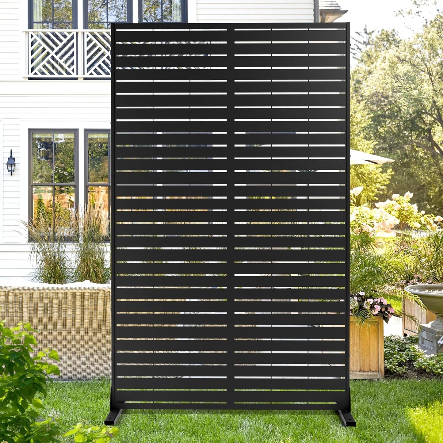 Metal Privacy Screen Outdoor 72" H×44" W,Freestanding Decorative Privacy Screen for Balcony Yard&Garden,Privacy Fence Black&Louvered(5 Panels)