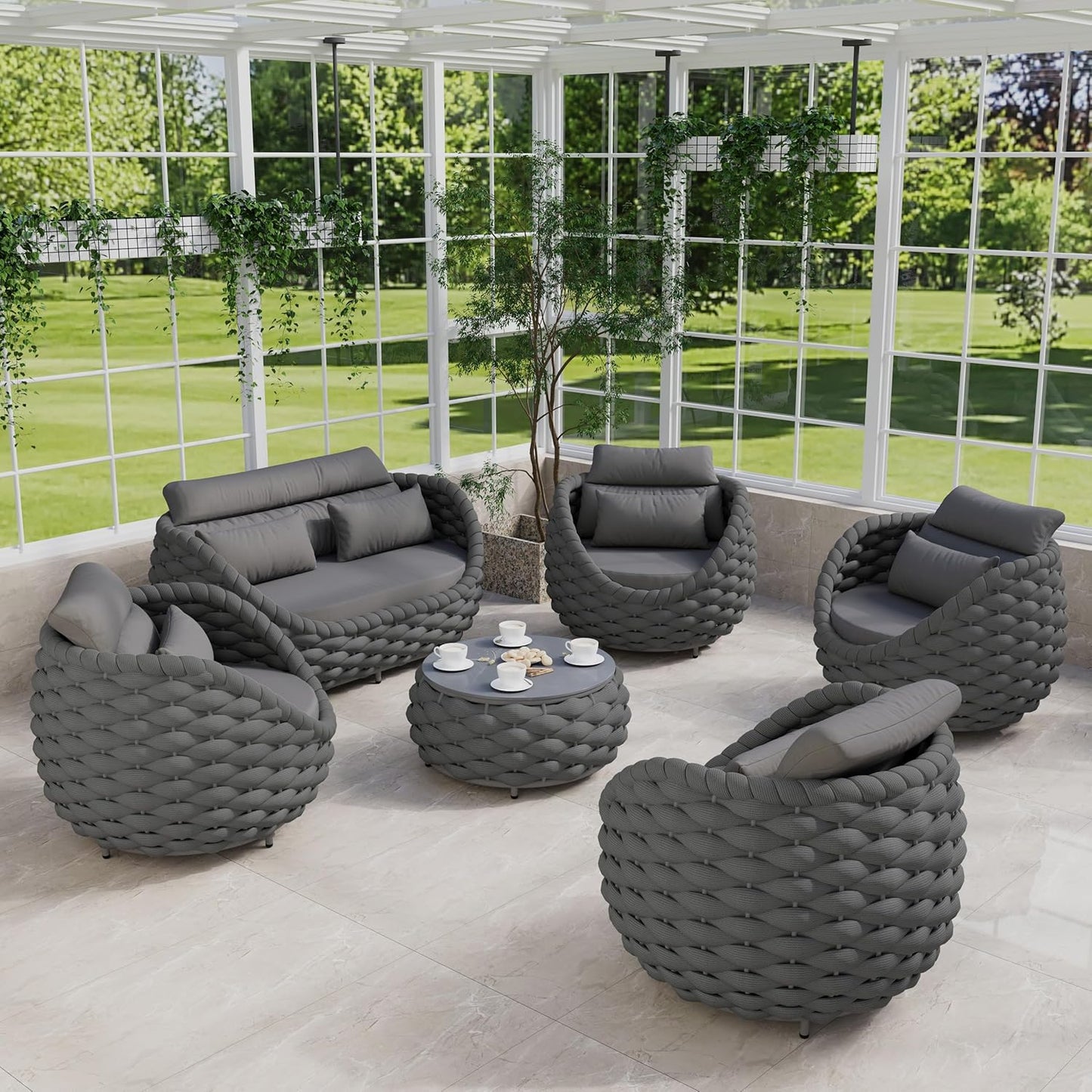 Cushioned Outdoor Patio Furniture Set: 6 Pieces Aluminum Porch Conversation Sofa Set - Modern Hand Woven Rope Deck Couch Set - Assembled All Weather for 661lbs Garden Yard Pool Hotel, Dark Gray