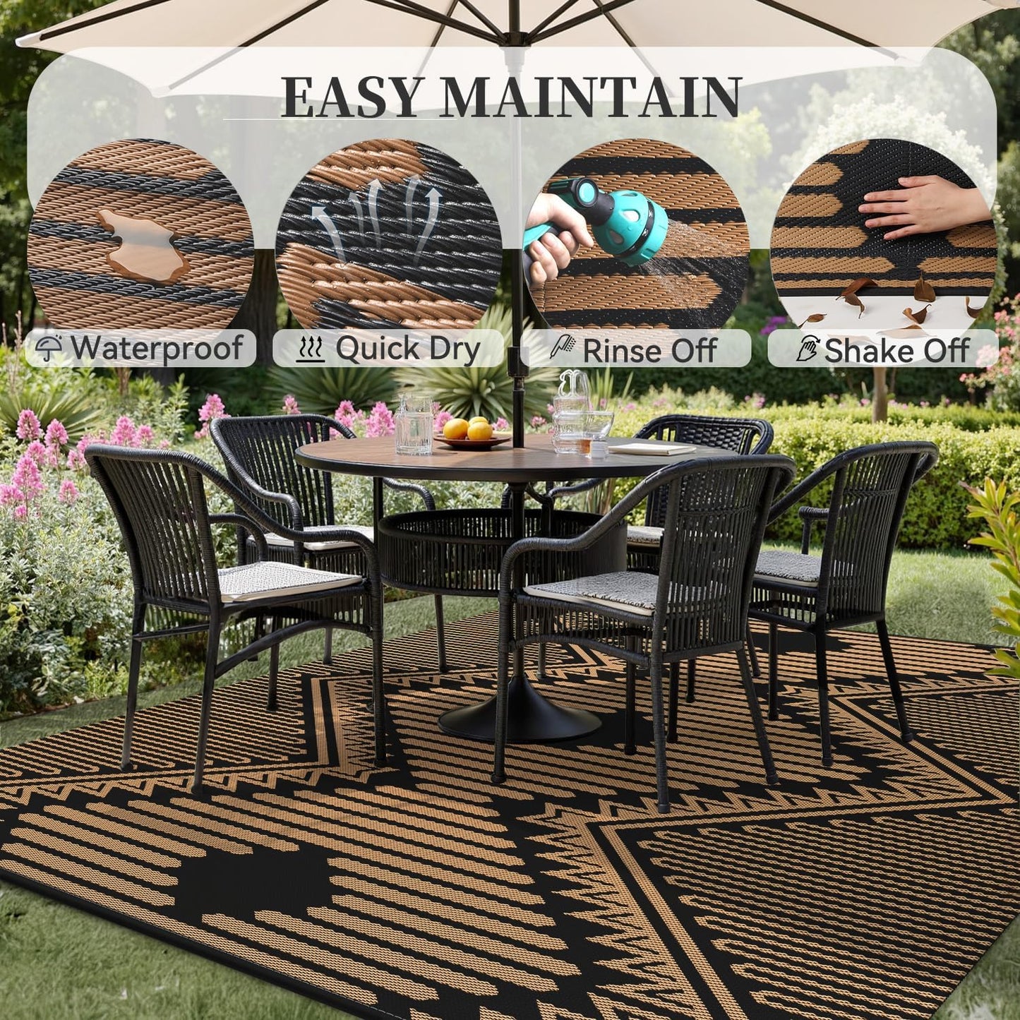 MontVoo Outdoor Rug-Waterproof Patio Rug Mat 5x8 Outdoor Carpet Mat Reversible Plastic Straw Outside Outdoor Rug for RV Camping Picnic Balcony Backyard Pool Deck Porch Modern Boho Black Brown