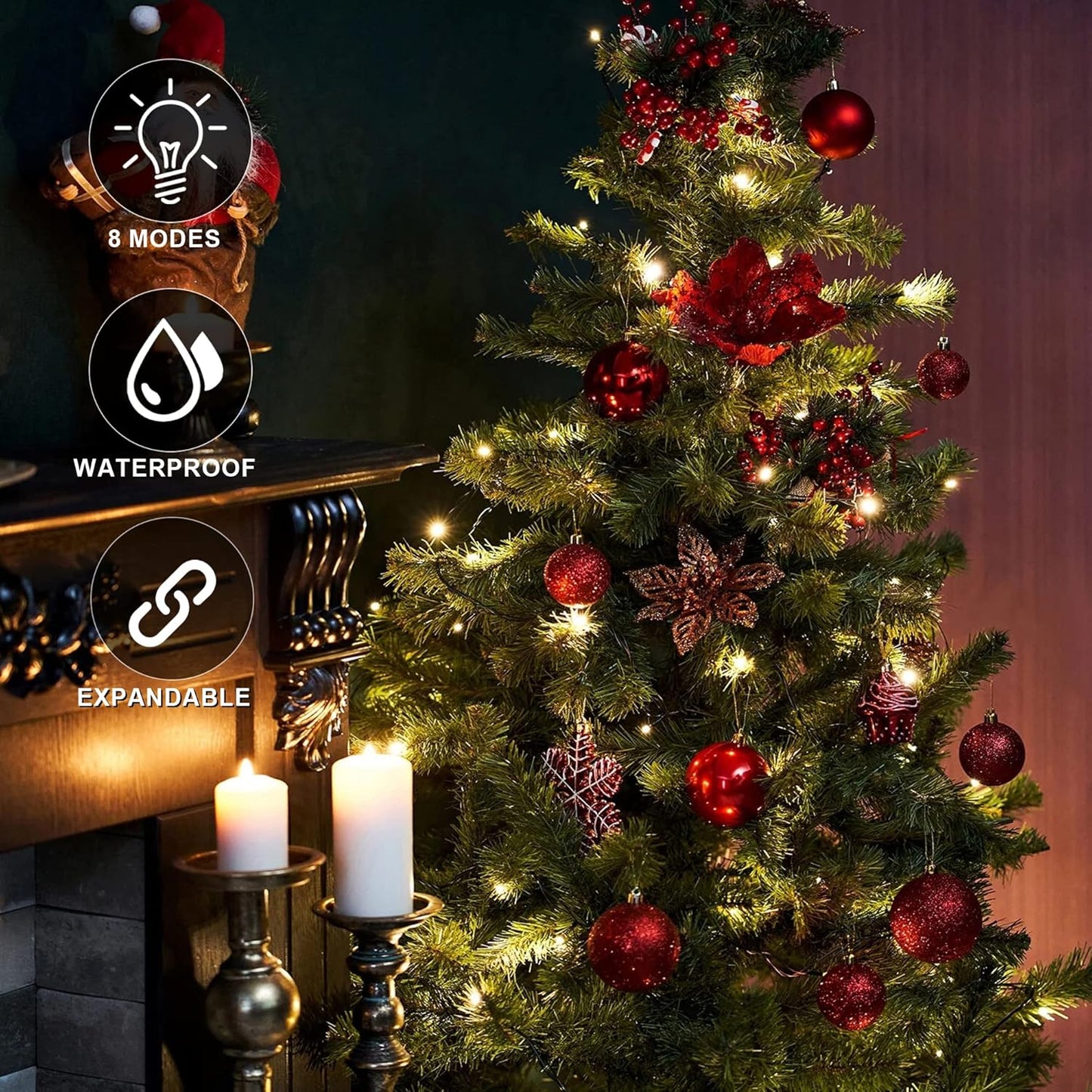 weillsnow 66 FT 200 LED Warm White Christmas Lights,Plug in Waterproof String Lights,8 Lighting Modes with Memory for Outdoor Indoor Garden Tree Christmas Party Decorations(Warm White)