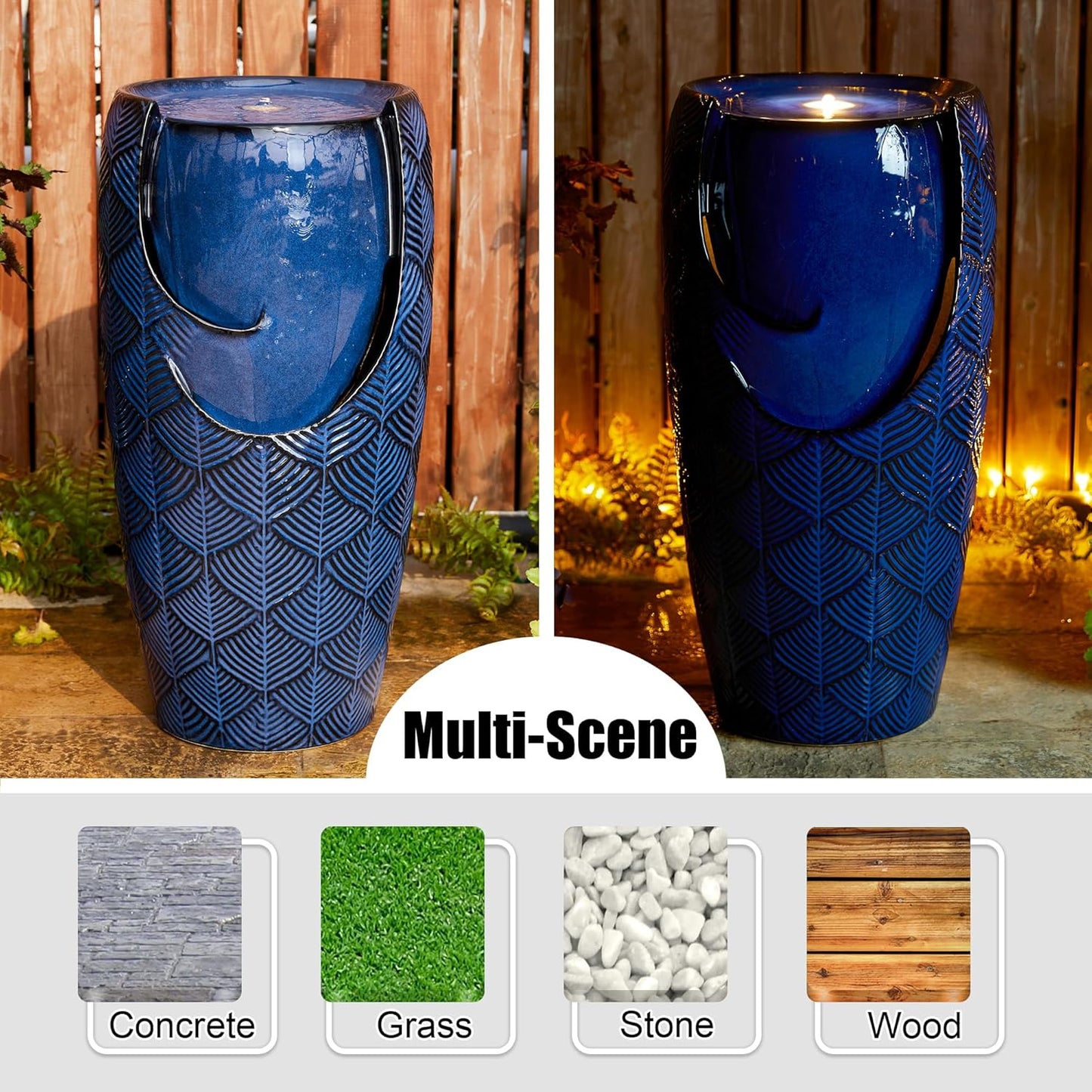 Glitzhome 29.25" H Oversized Ceramic Vase Outdoor Water Fountain, Tall Scale-Like Textured Glaze Patio Garden Water Fountain with LED Light and Submersible Pump Yard Art Decor, Cobalt Blue