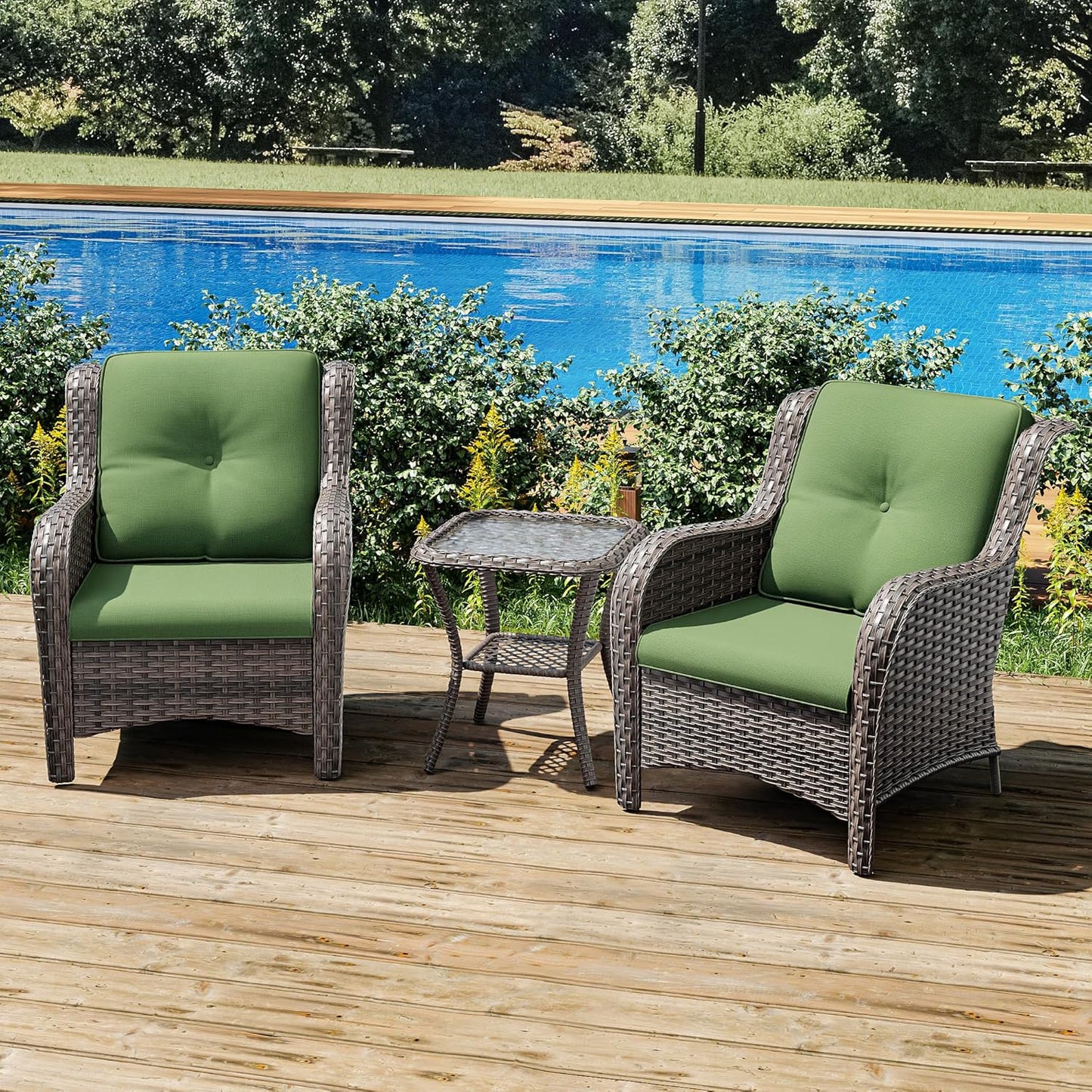 Joyside Patio Bistro Set Wicker Chairs - 3 Piece Outdoor Rattan Conversation Set with 2 Armrest Chair and 1 Side Table for Proch Deck Garden Backyard Balcony(Mixed Grey/Green)