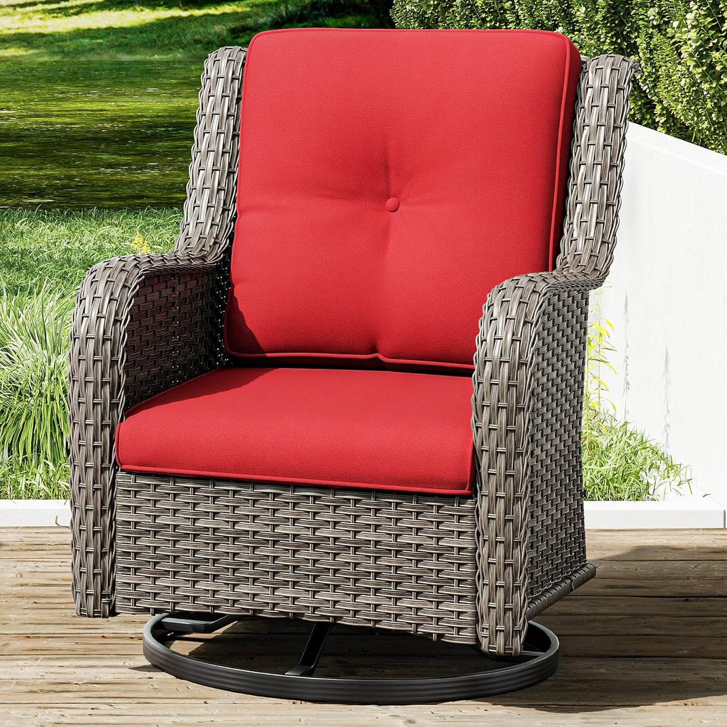 Joyside Outdoor Swivel Rocker Patio Chair - Outdoor Wicker Glider Rocking Chair with Olefin Fabric Cushions Suitable for Porch Deck and Backyard(Mixed Grey/Red)
