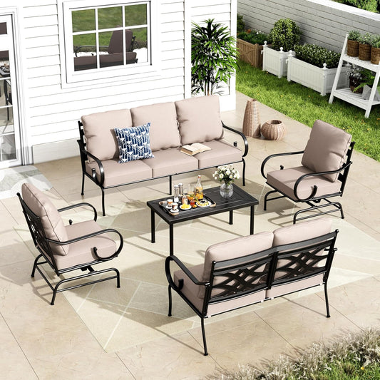 MFSTUDIO 7 Seats Large Metal Patio Conversation Sets, 5 Pieces Outdoor Furniture Sofa with 2 Motion Chairs, 1 Sofa(3-seat), 1 Loveseat and Table for Outside Balcony Backyard Poolside