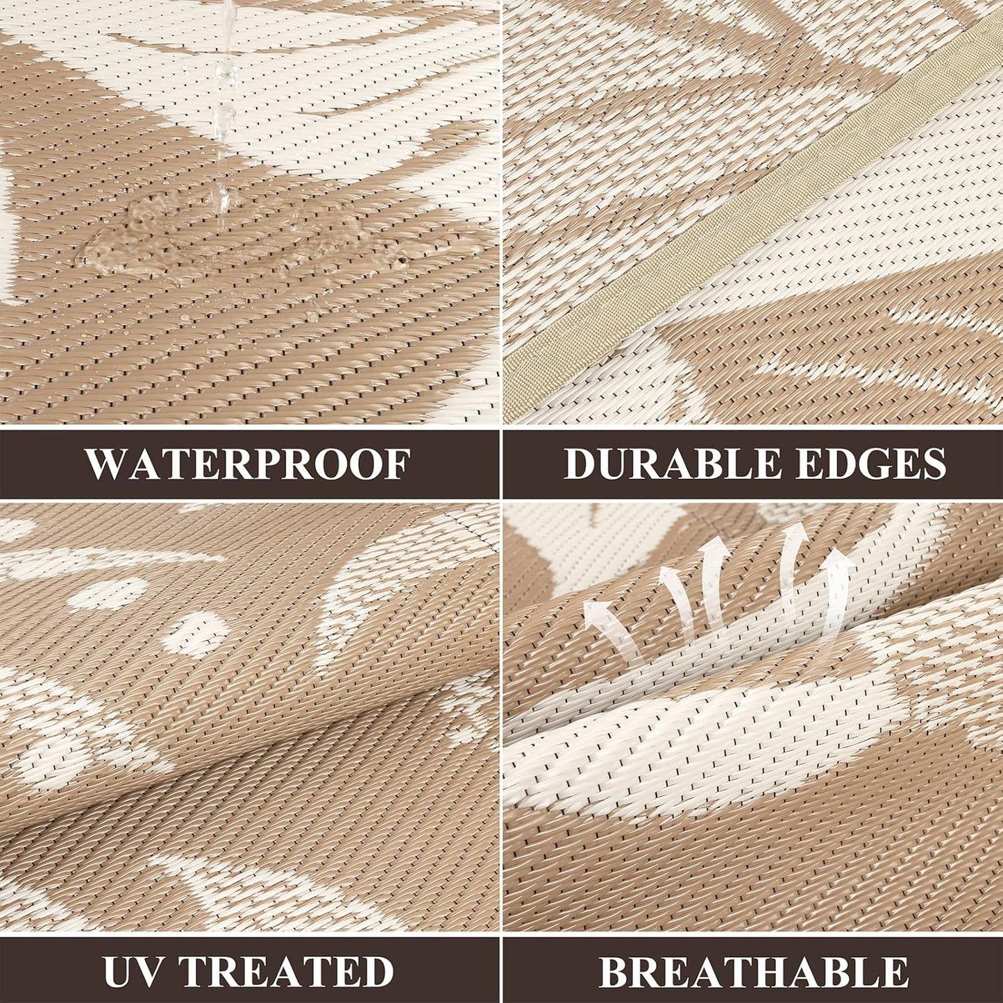 Pauwer Waterproof Outdoor Rug 9x12, Reversible Plastic Straw Patio Camping Rug, Indoor Outdoor RV Mat Carpet for Deck, Camper, Porch, Balcony, Backyard, Picnic, Floral Brown
