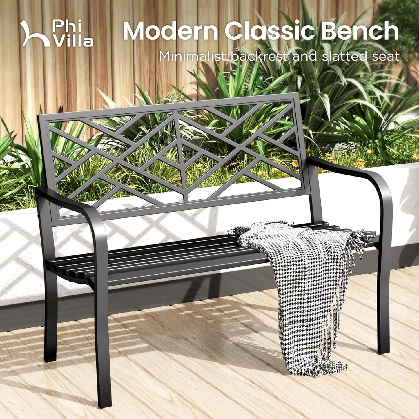 PHI VILLA 43 Inch Cast Iron Steel Frame Outdoor Garden Bench, Patio Furniture Chair Bench w/Line Pattern Design Backrest, Slatted Seat for Park, Yard, Porch - Black