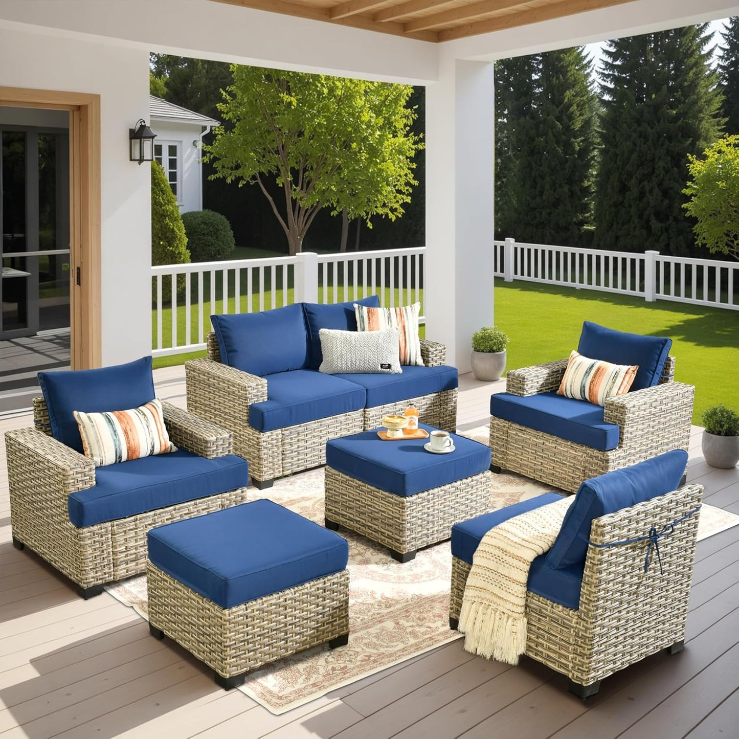 HOOOWOOO Outdoor Sectional Patio Furniture Set,7 Pieces Wicker Conversation Sets,Extra Deep Out Door Sofa Outside Furniture Couch with Ottoman,Navy Blue