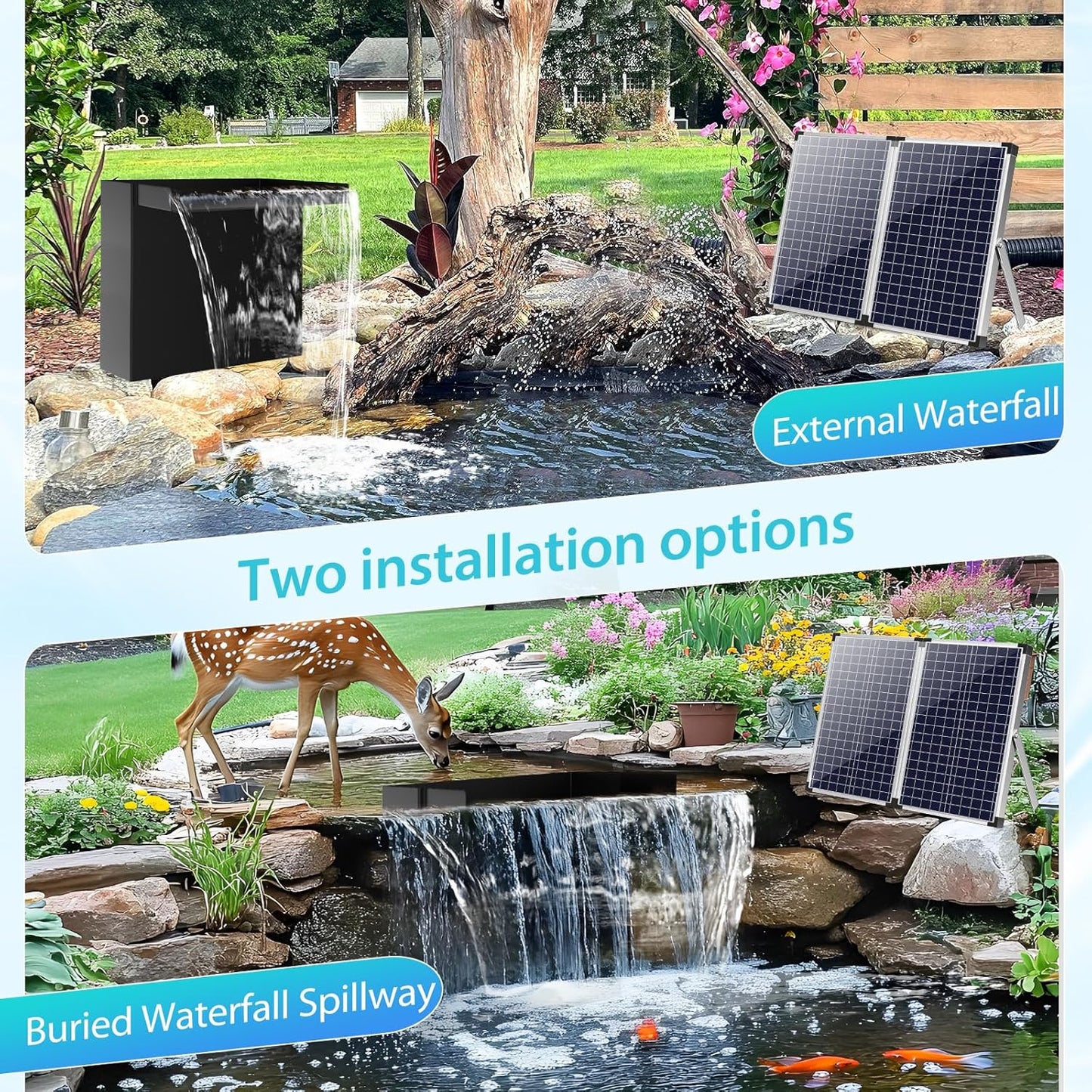 POPOSOAP 70W Solar Pond Waterfall Spillway Kit, 304 Stainless Steel Pondless Waterfall Box with 10FT Corrugated Tubing, 4 Pcs Filter Brushes, 580GPH Solar Powered Water Pump for Garden Ponds