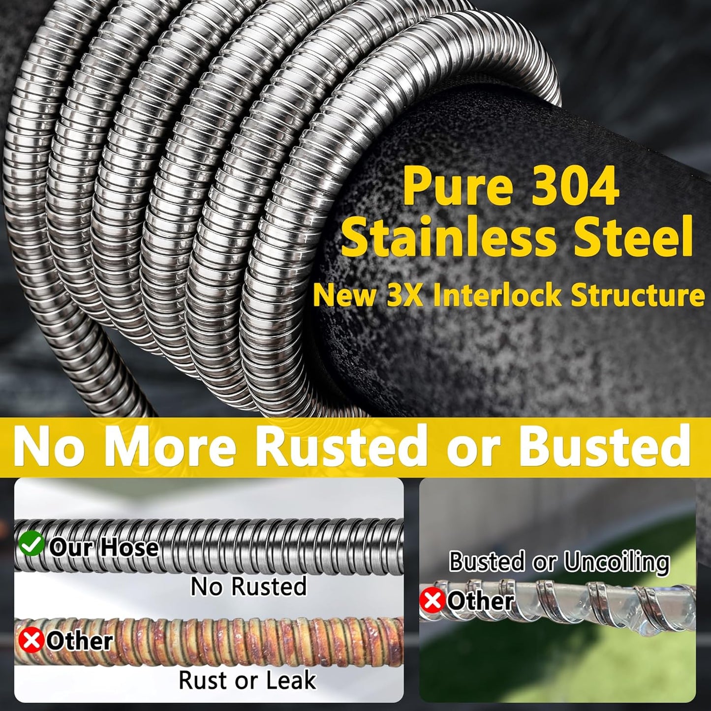 150 ft Stainless Steel Garden Hose - 2025 Upgraded Metal Water hose - Flexible Water Hose Pipe with Latex Core, 3/4" Solid Brass Connectors - No-Expandable Garden Hoses