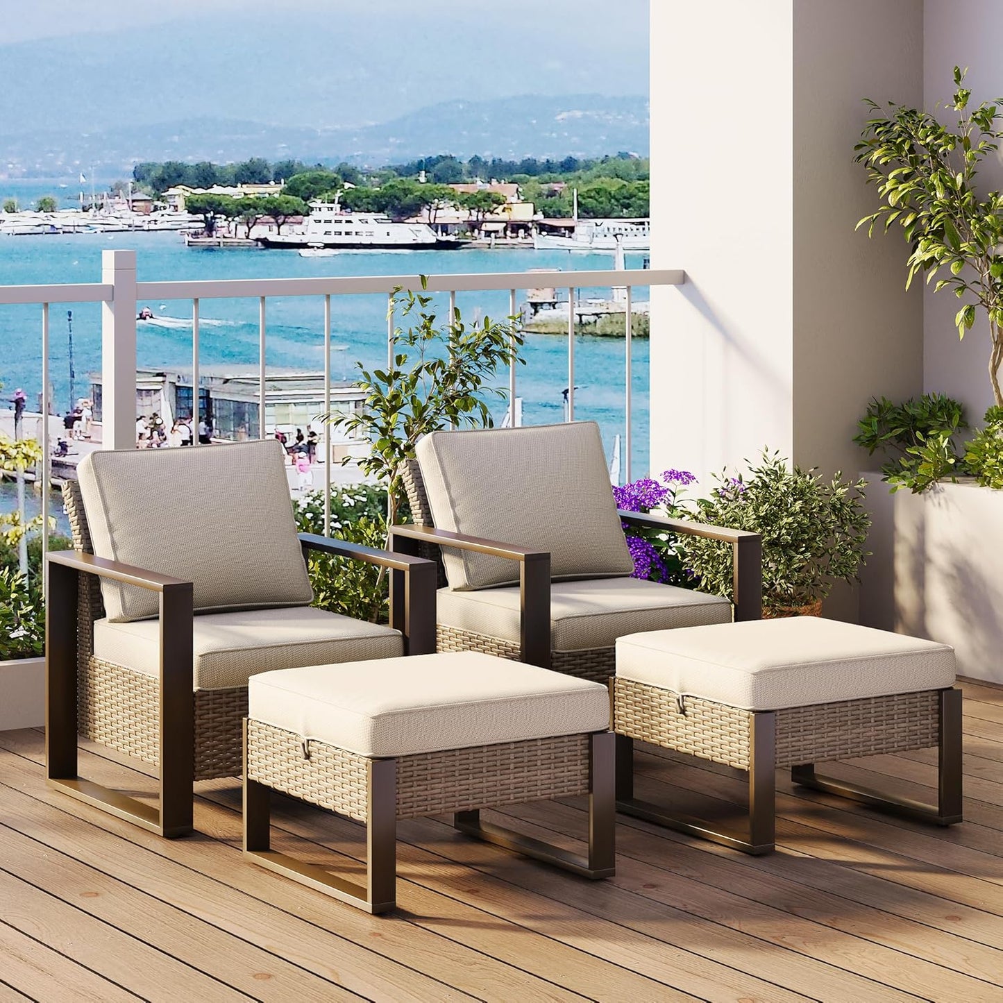 Outdoor Wicker Metal Chairs Set of 2 with Two Ottomans - 4 Pieces Patio Bistro Set with Rectangular Framed Wood-Looking Metal Armrest & Removable Cushions for Poolside, Terrace, Beige