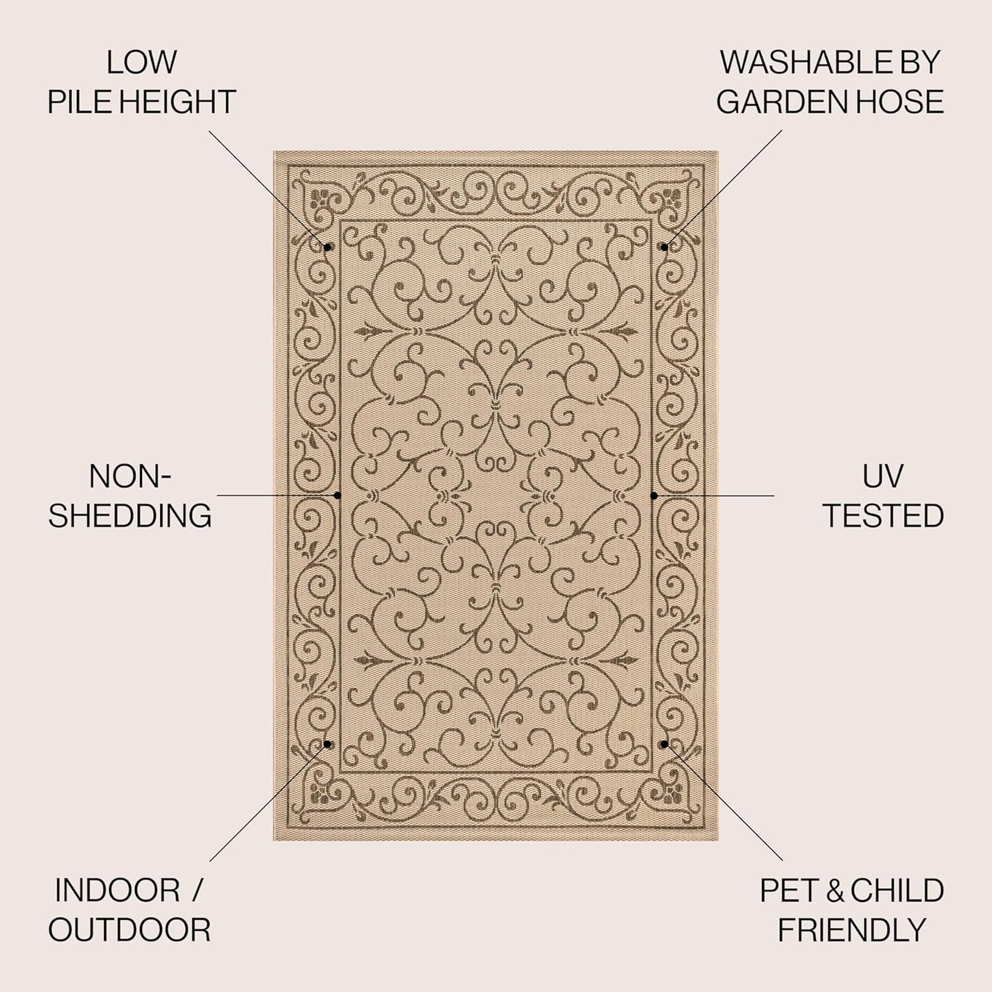 JONATHAN Y SMB106A-4SQ Charleston Vintage Filigree Textured Weave Beige/Brown 4' Square Indoor/Outdoor Area Rug, Pet Friendly, Non-Shedding, Stain Resistant, Easy-Cleaning for Backyard, Patio, Porch