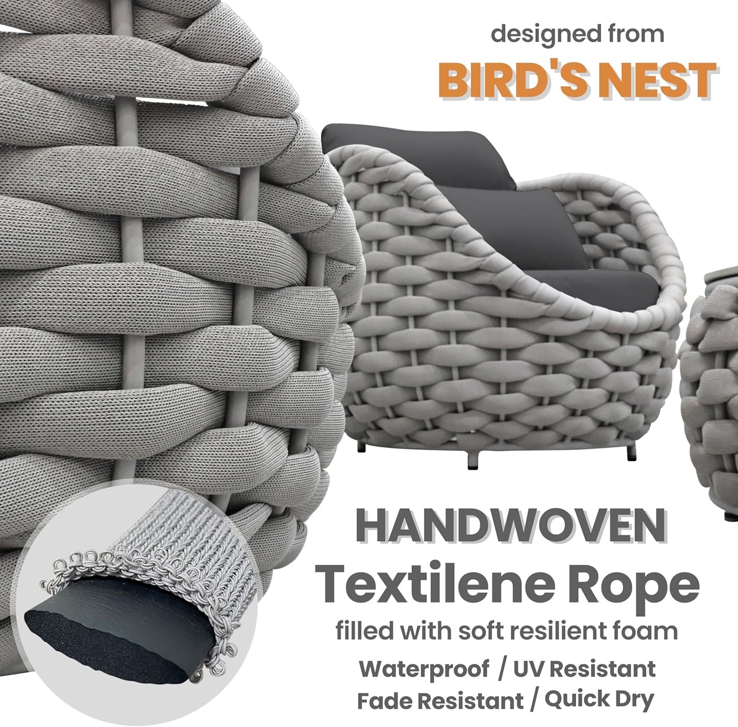 Woven Rope Deck Furniture Set: 5 Pieces Aluminum Patio Conversation Set All Weather - Cushioned Outdoor Sofa Set Assembled - Metal Modern Couch Set for 400 lbs Porch Deck Garden Poolside Hotel