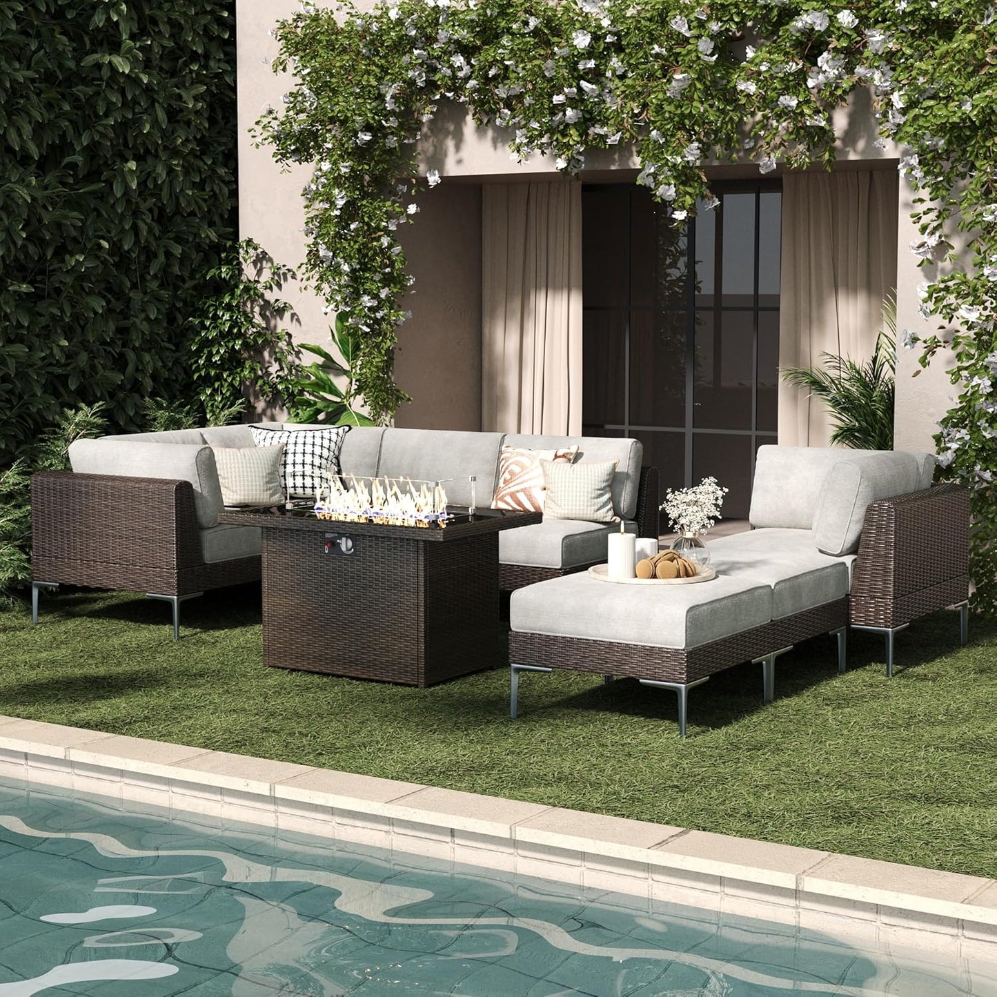 LayinSun 8-Piece Outdoor Modular Wicker Sectional Sofa with Fire Pit Table, Patio Furniture Conversation Set with Deep Seating and Thick Cushions