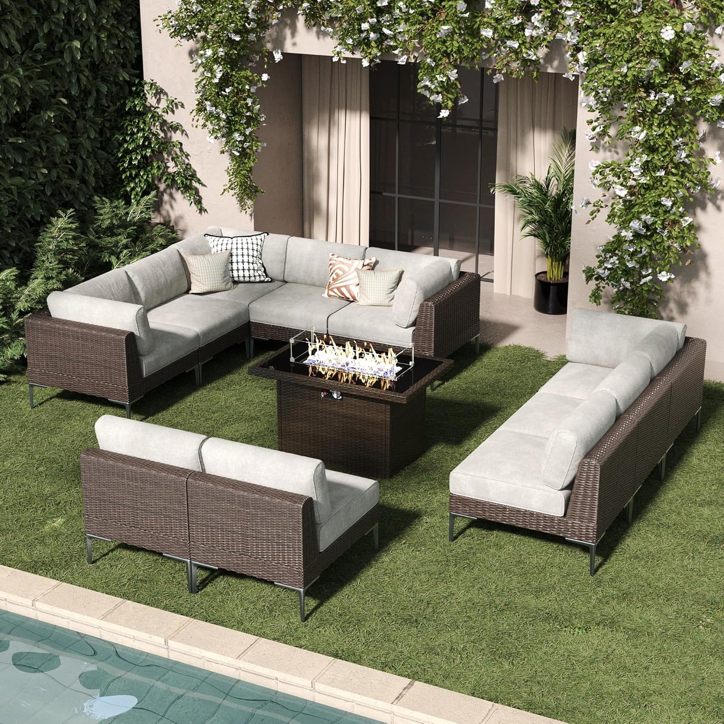 LayinSun 11-Piece Outdoor Modular Wicker Sectional Sofa with Fire Pit Table, Patio Furniture Conversation Set with Deep Seating and Thick Cushions
