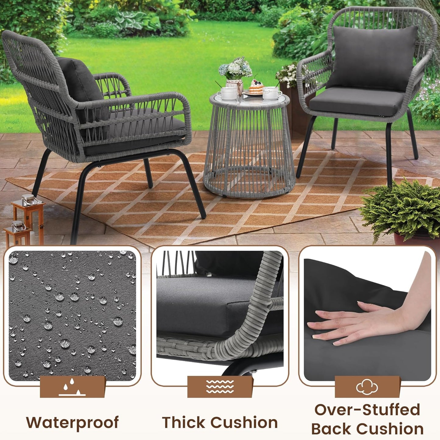 3 Pieces Rattan Wicker Bistro Set, Outdoor Conversation Set, Wicker Rattan Furniture Set with Glass Top Table, Space Saving for Balcony, Backyard, Grey